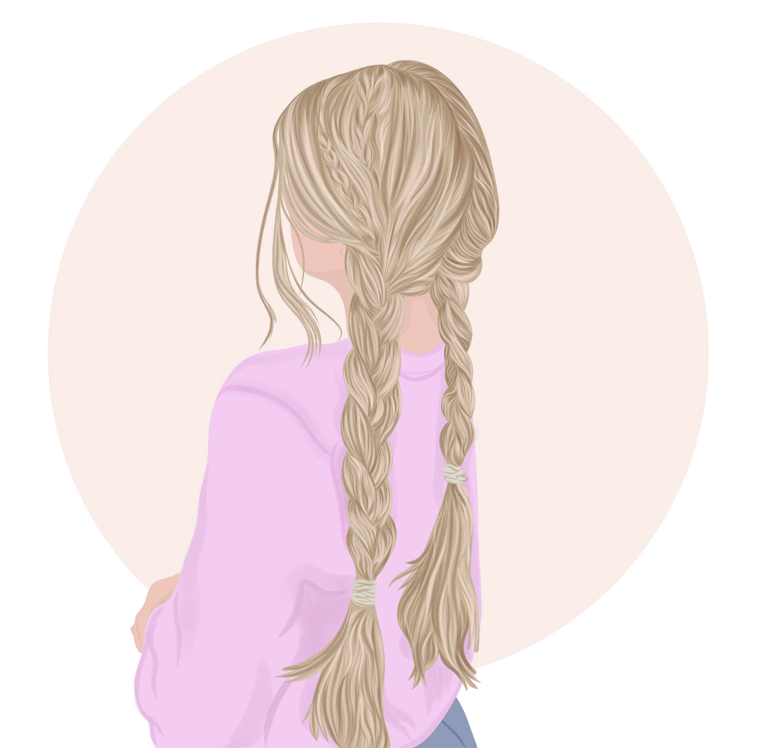 Illustration eines Mädchens von hinten mit langen, blonden, geflochtenen Haaren und lila Oberteil.