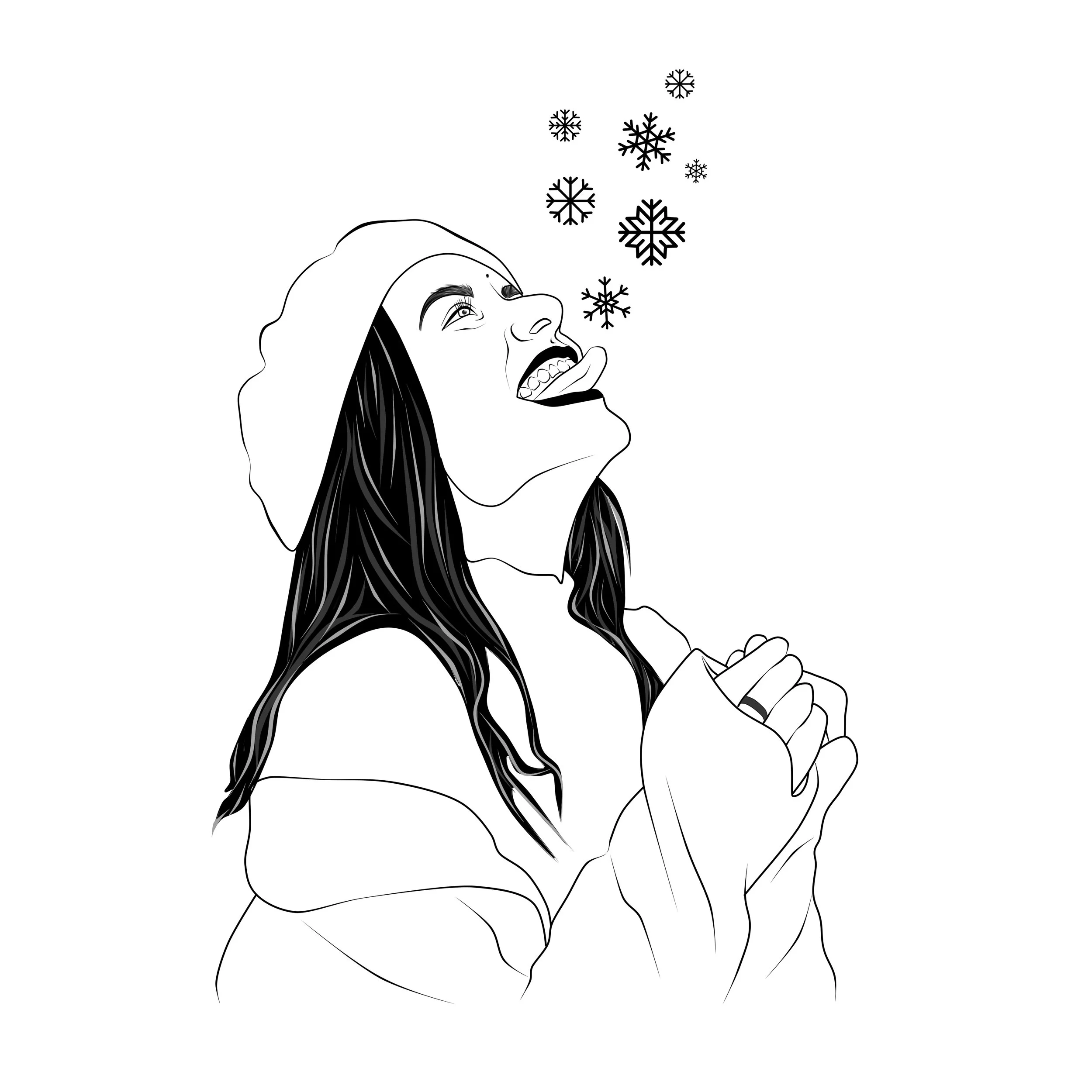 Zeichnung einer lachenden Frau in Winterkleidung, die nach oben schaut, während Schneeflocken fallen.