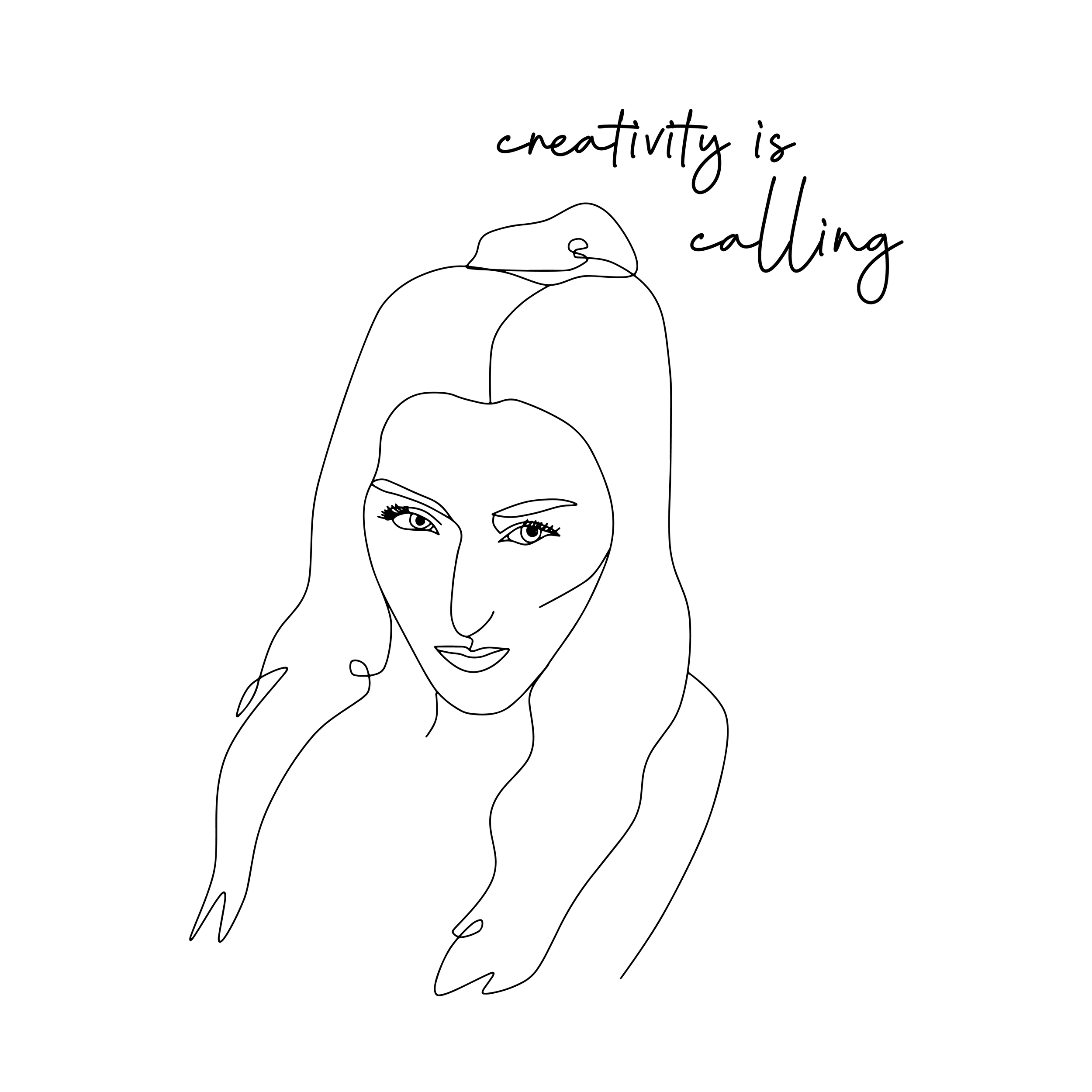 Linienzeichnung eines Gesichts eines Mädchens mit langen Haaren, das leicht nach rechts schaut, daneben der Text "creativity is calling".
