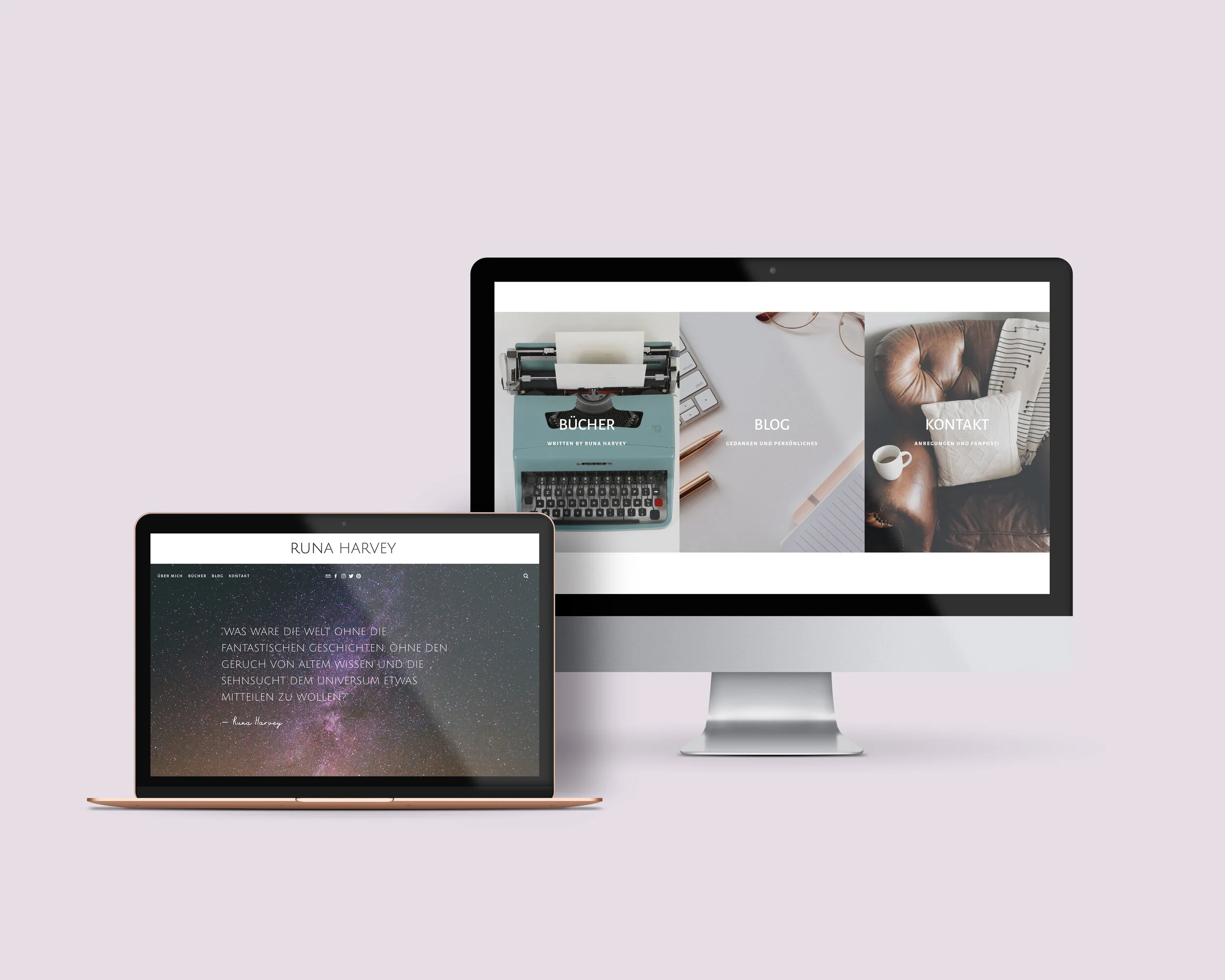 Ein iMac und ein Laptop auf einem hellen Hintergrund. Der iMac zeigt eine Webseite mit den Kategorien "Bücher", "Blog" und "Kontakt". Der Laptop zeigt eine Webseite mit dem Titel "Runa Harvey" und einem Zitat über die Welt ohne Geschichten.