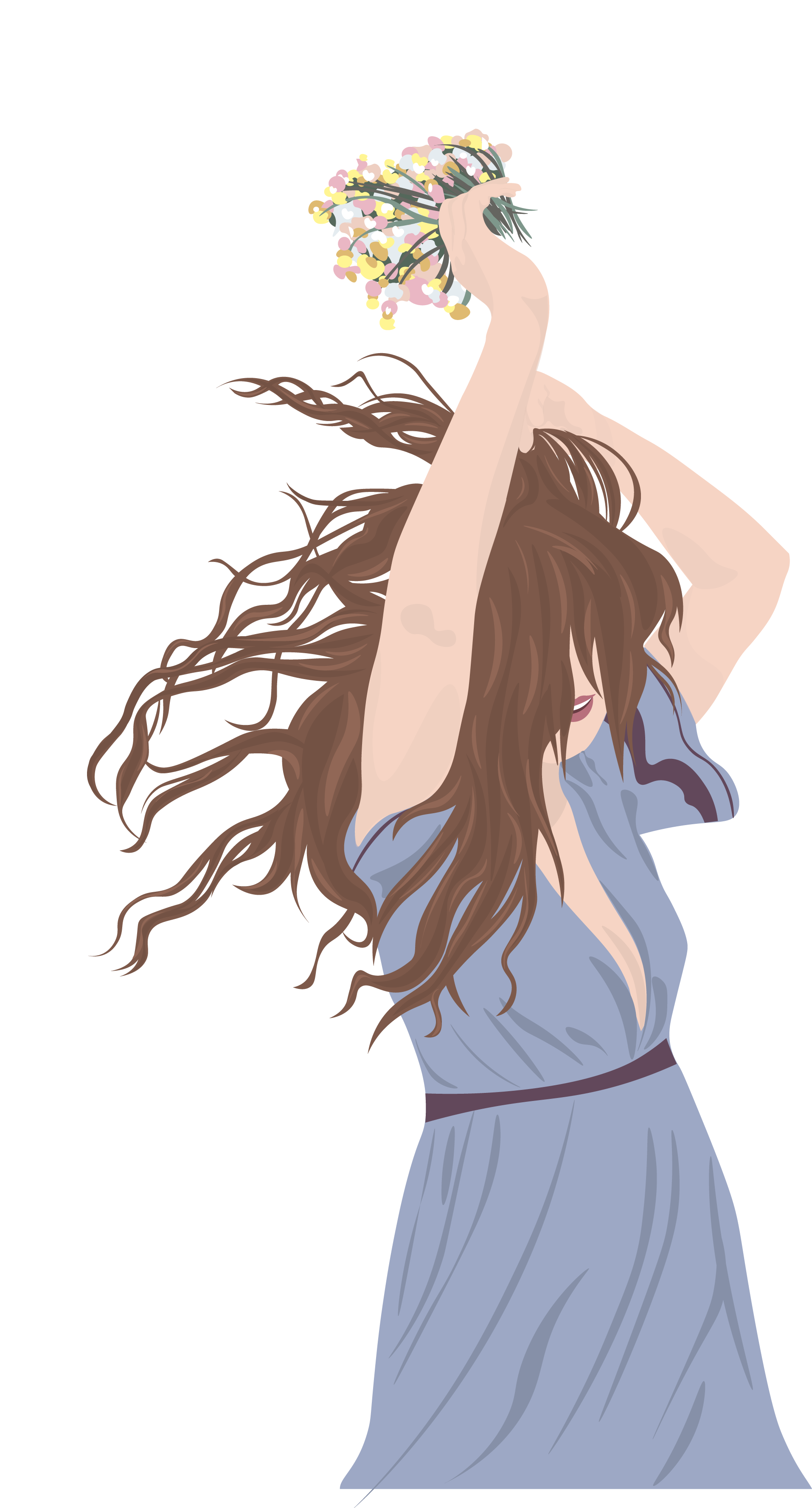 Eine Frau mit langen, lockigen braunen Haaren hält einen Blumenstrauß über ihrem Kopf und tanzt. 