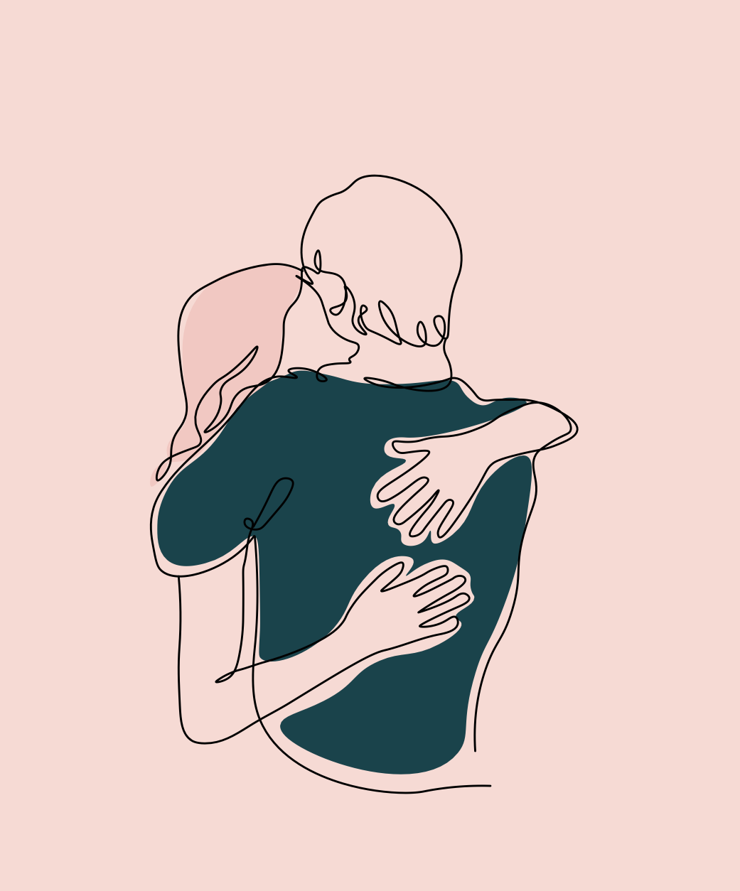 Schwarz-weiße Linienzeichnung zweier Personen, die sich umarmen, vor rosa Hintergrund
