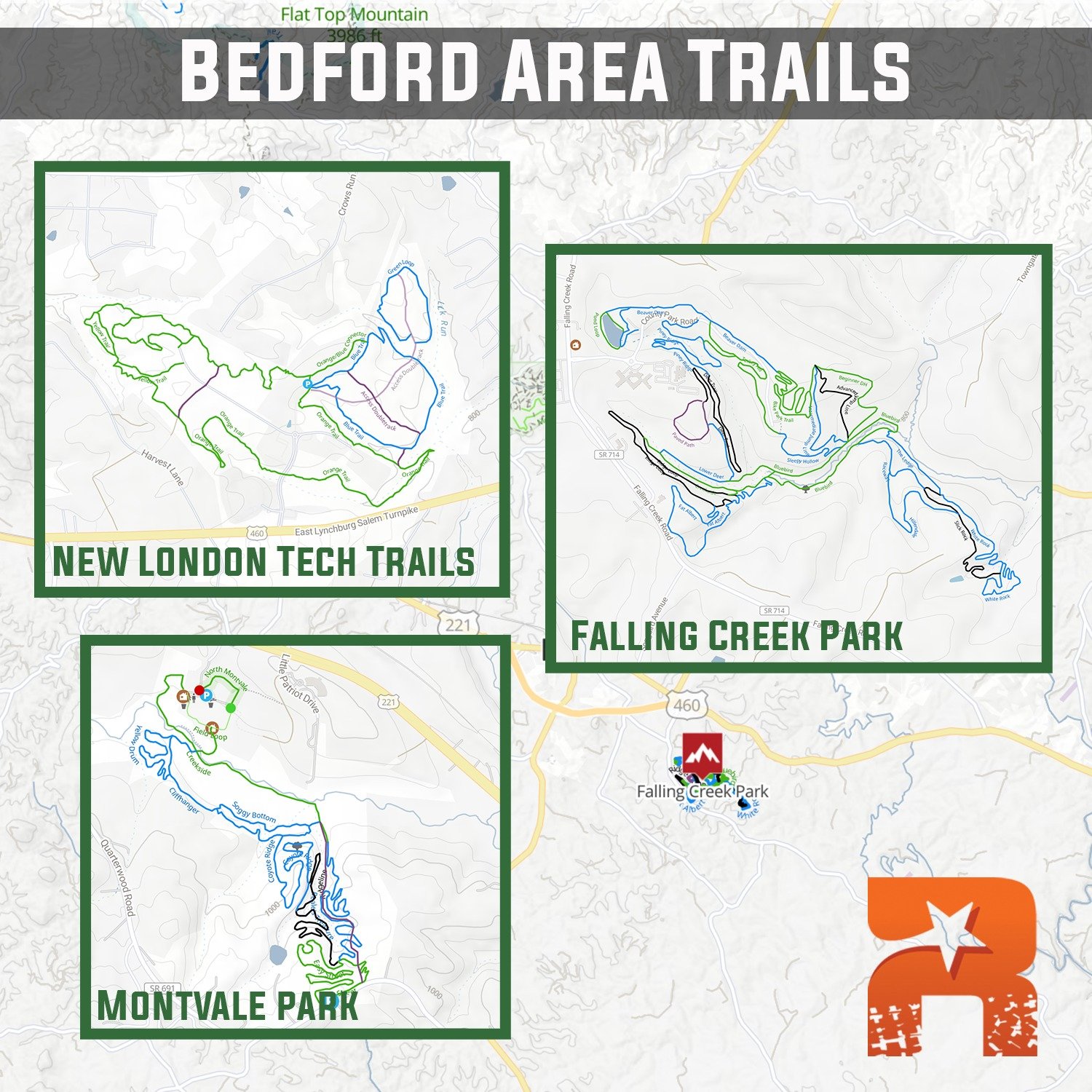The next trail area(s) we want to highlight are all in Bedford County, and managed by the @bedfordcountyvaparksrec team. Falling Creek Park, New London Tech Trails, and Montvale Park are all home to a variety of trails--from a mini-bike park with jum