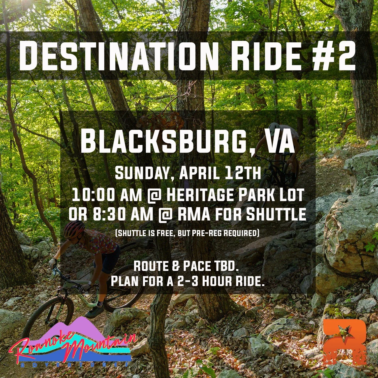 Our April destination ride will be to the trails in Blacksburg!

We will be meeting at 10 a.m. at the Heritage Park/Gateway Trail parking (https://www.trailforks.com/poi/71752/). Plan on a 2-3 hour ride and probably 12-18 miles. We will split up into