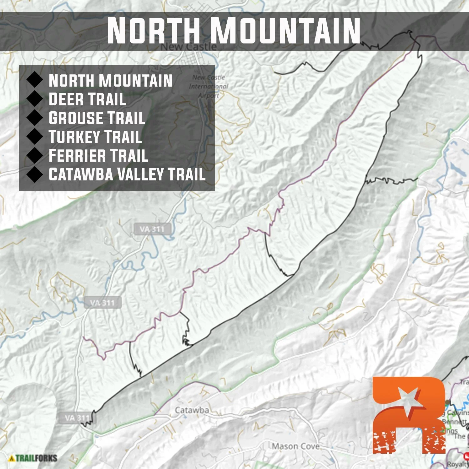 North Mountain, aka "Dragon's Back" is a Virginia backcountry mtb classic. North Mountain trail itself is a 13-mile ridgeline trail with "animal" trails descending off of it's north side: Deer, Grouse, and Turkey--all incredible t