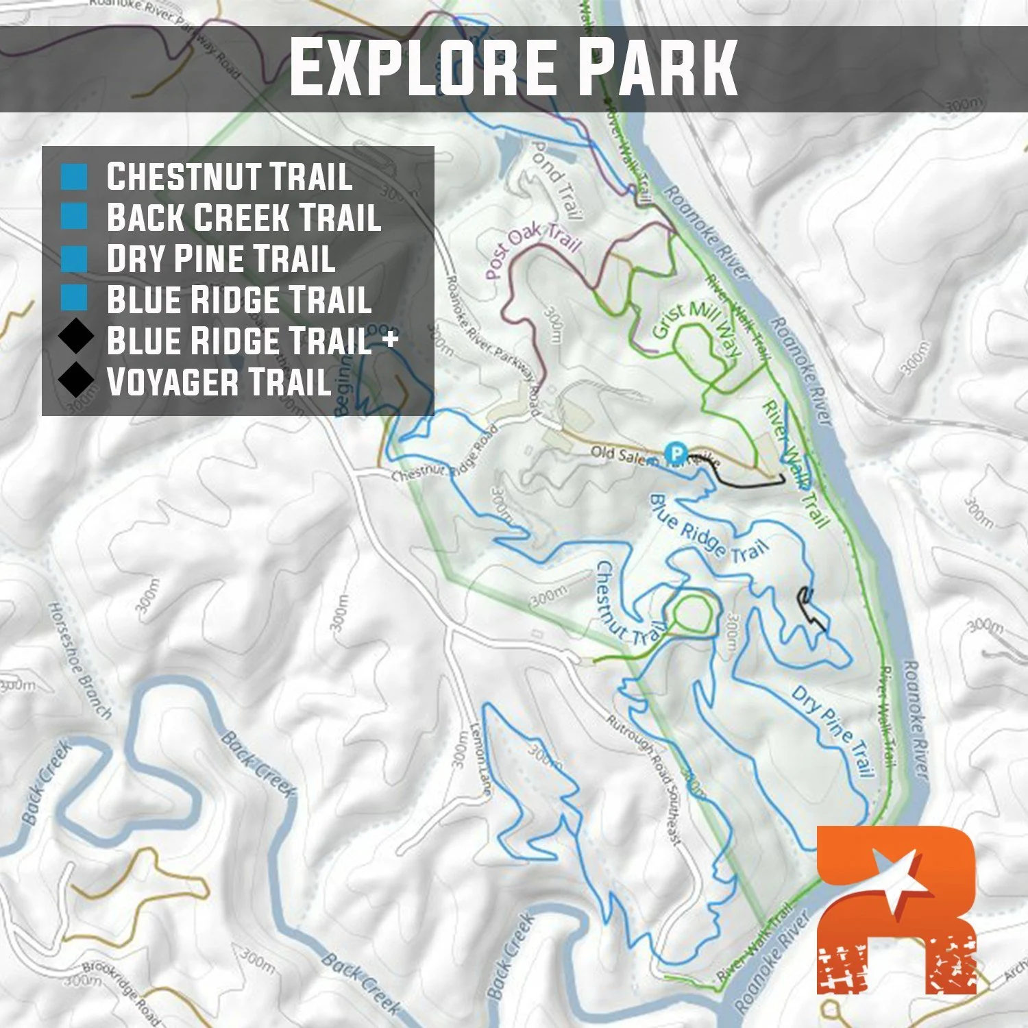 Just outside of Roanoke, and right off of the Blue Ridge Parkway,  Explore Park has a network of cross-country mountain bike trails worth checking out!

Though some of the trails alongside the river are still closed due to continued greenway construc