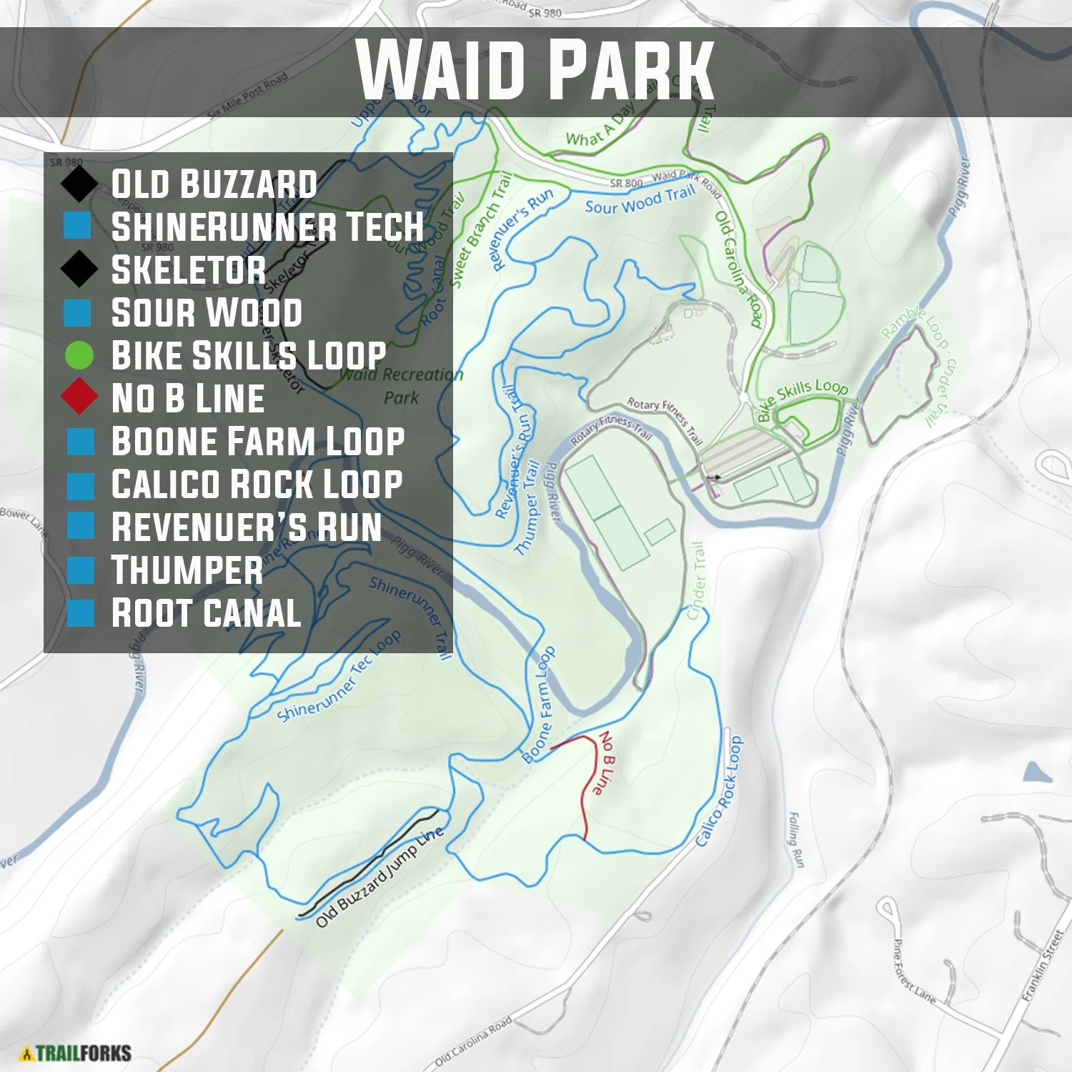 If you've never ventured to Franklin County to check out the trails at Waid Park, you're missing out. Between the bike skills loop, the progressive drops on Skeletor, and the Baby Buzzard and Buzzard jump lines, Waid Park is a great place to progress