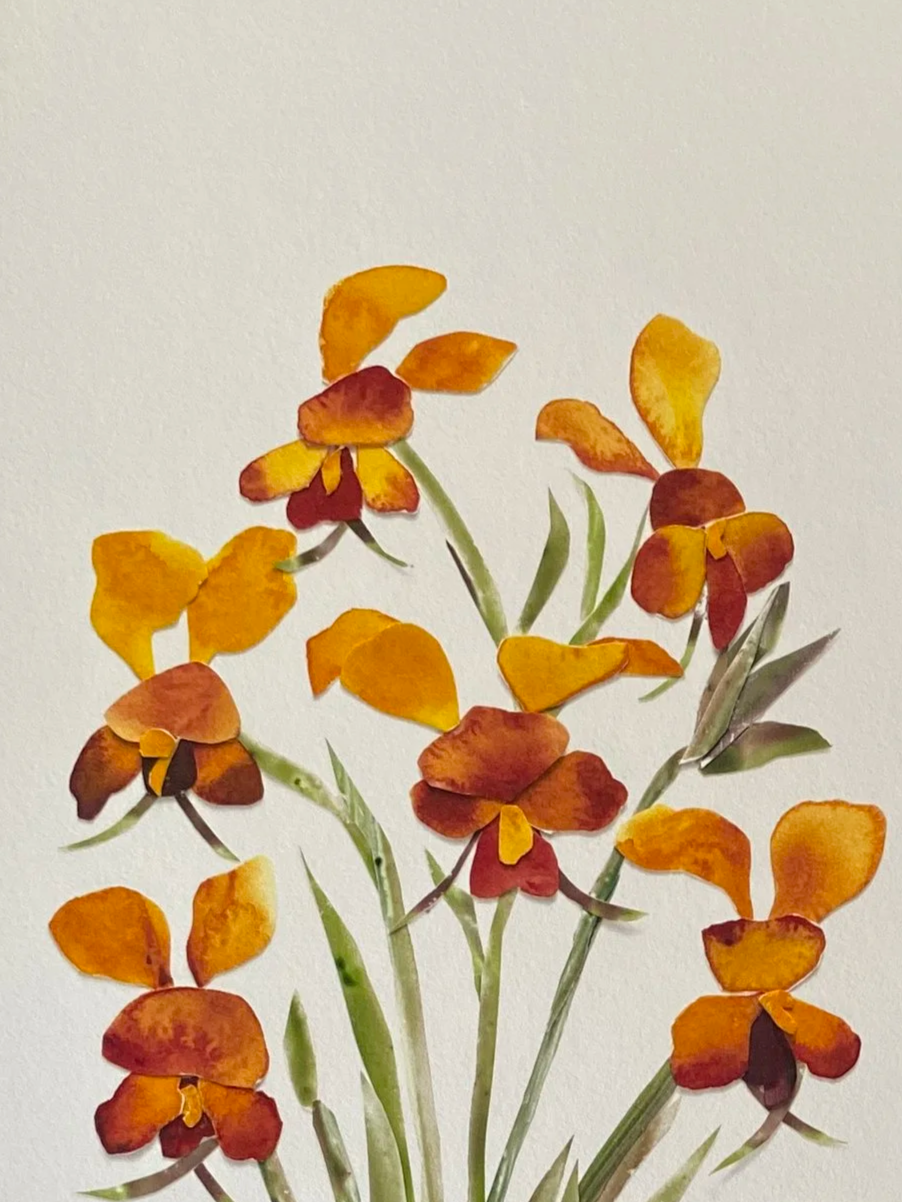 A cluster of orange and red orchids with green stems and leaves against a plain background.