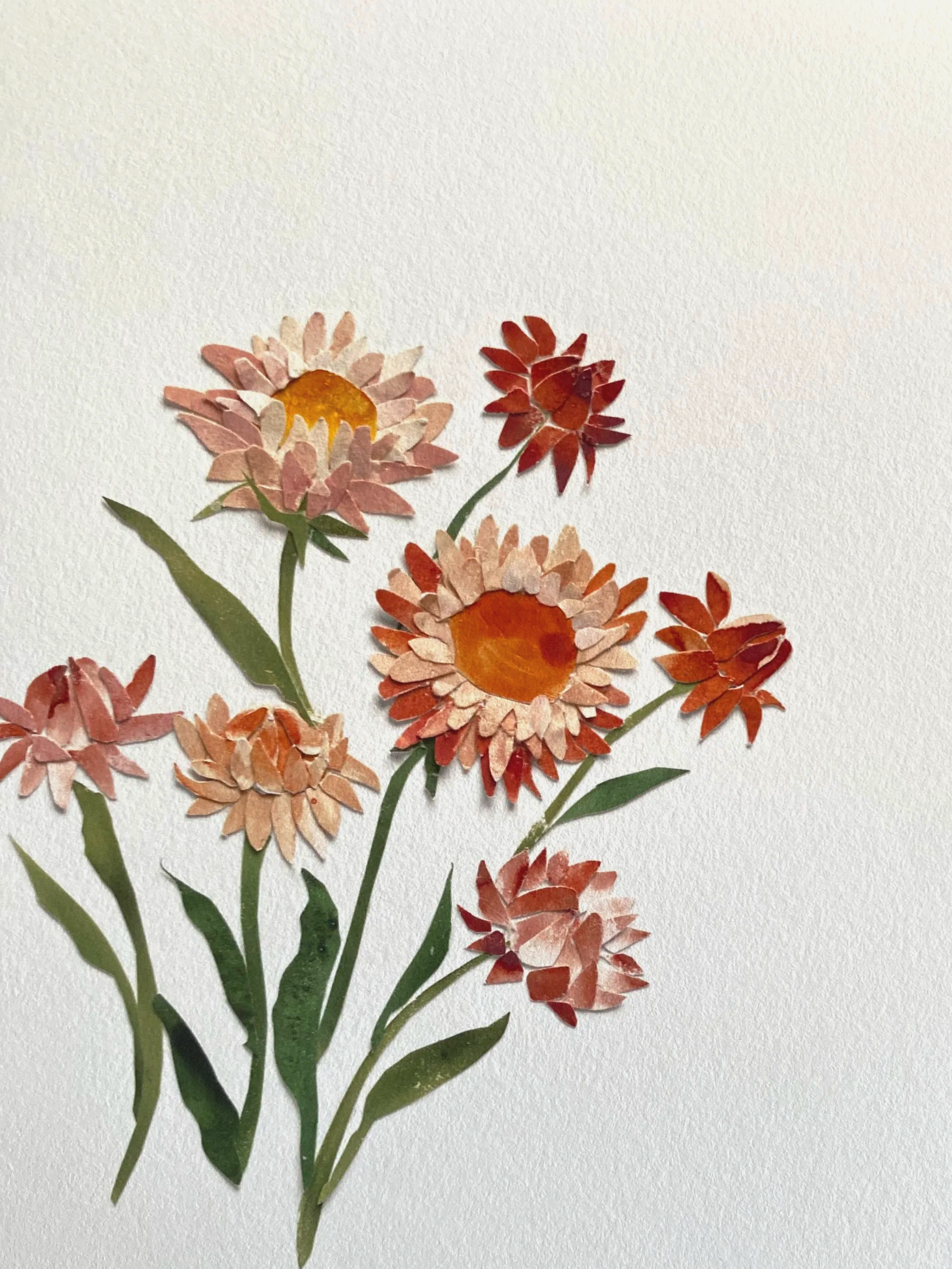 A watercolor illustration of a bunch of orange, pink, and red flowers with green stems and leaves against a white background.