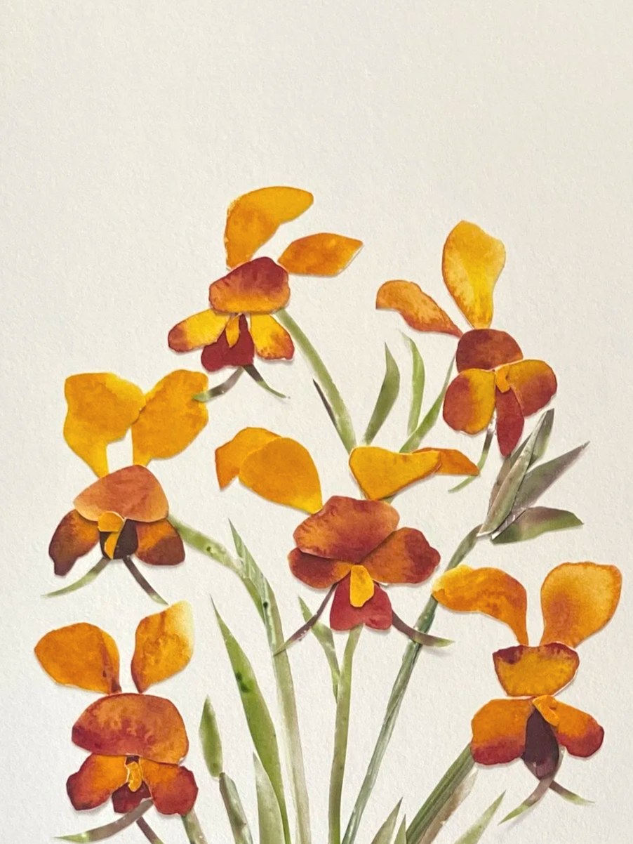 Watercolor painting of orange and yellow flowers with green leaves on a white background.