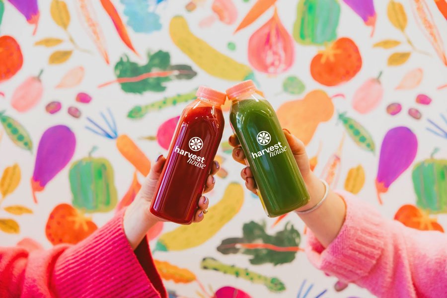 A logo design by Tampa agency Grove Brands. Two hands holding two branded juice bottles, one with red juice and the other with green juice, in front of a colorful vegetable-themed background.