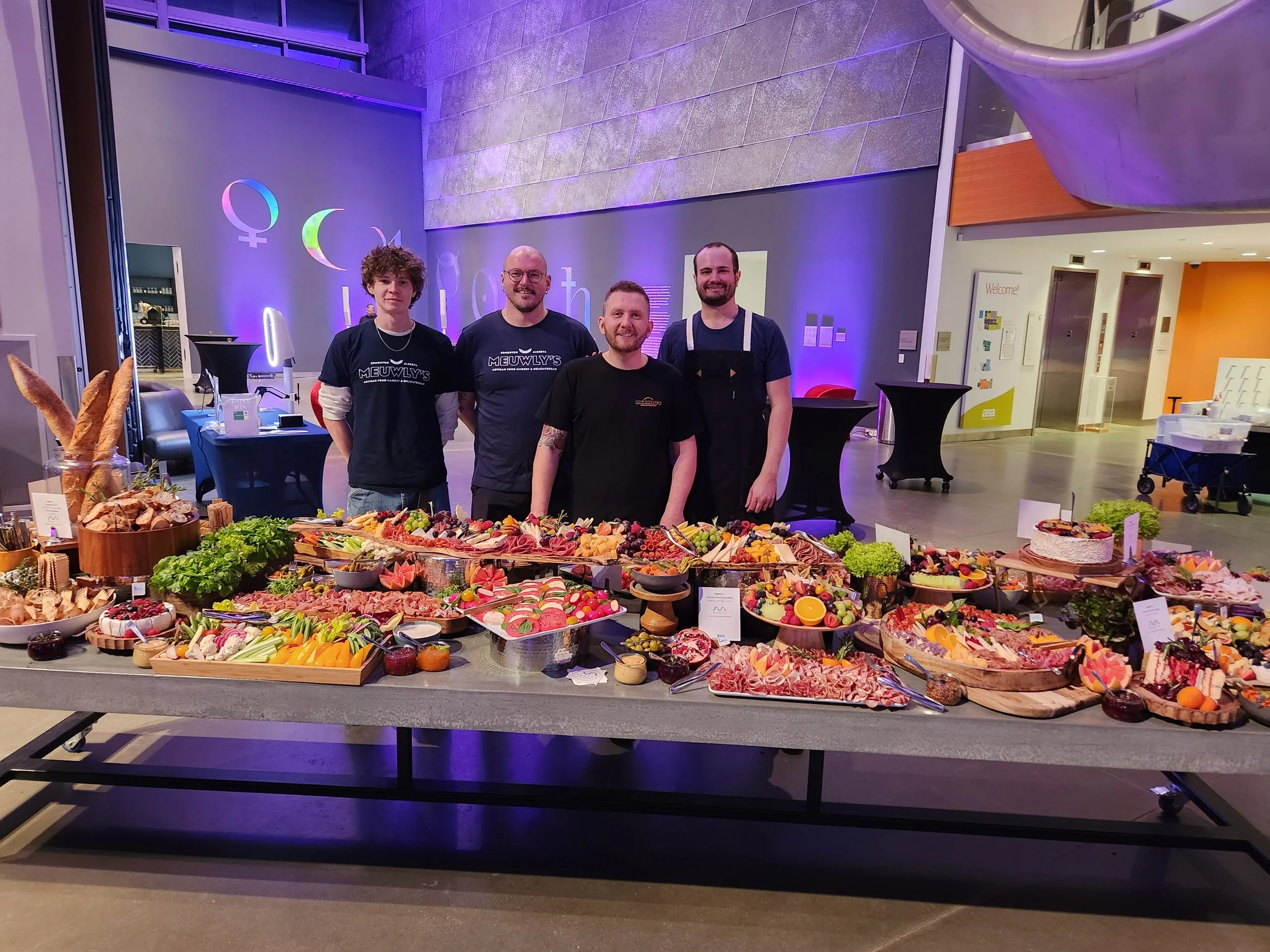 Gourmet charcuterie grazing table from Meuwly's in Edmonton, featuring cured meats, artisan cheese, and more