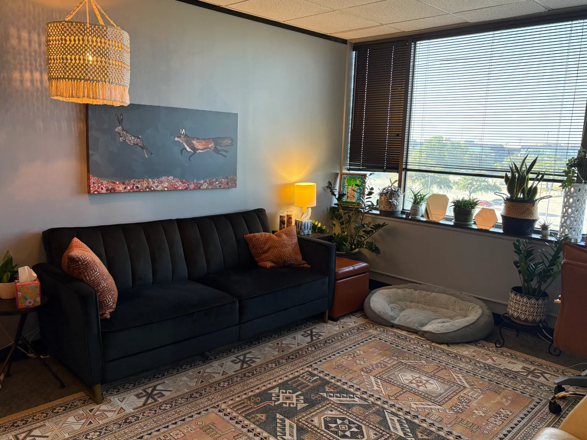 A cozy room corner featuring a black vintage sofa with two patterned pillows, a beige rug with geometric patterns, a variety of potted plants on the windowsill, a small round pet bed on the floor, and a large window with horizontal blinds allowing natural light. There is a framed painting of two jumping hares on the wall and a warm table lamp next to the sofa.