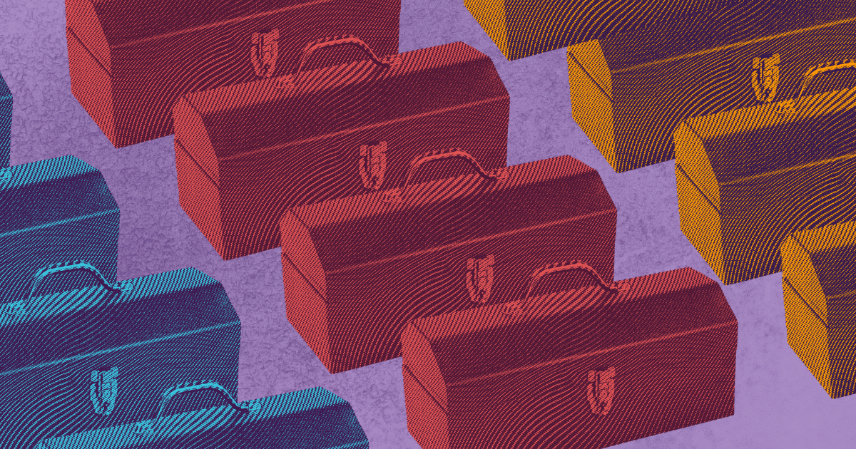 Over a purple background, repeating rows of colorized toolboxes in blue, red and yellow.