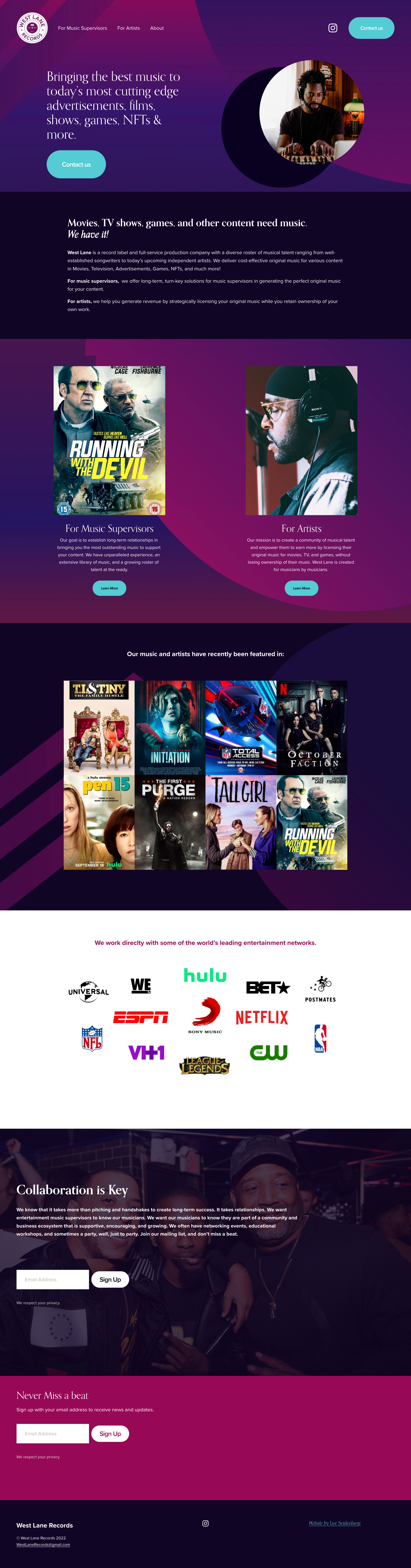 Music record label website homepage with dark purple and pink color scheme, featuring images of music genres, streaming services logos, and a sign-up section for artists and music supervisors.