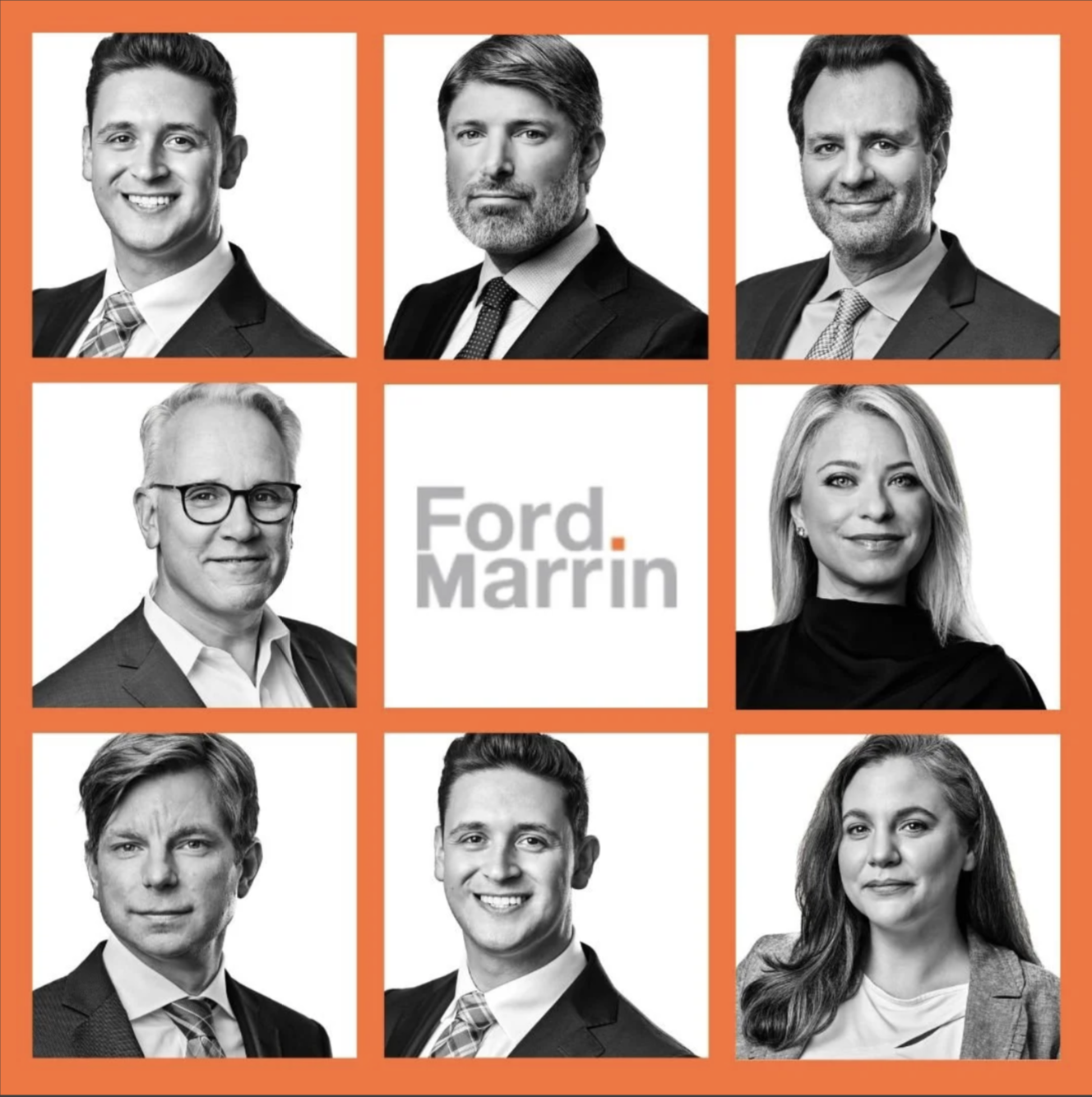 A collage with nine black and white headshots of men and women in business attire, arranged in a 3x3 grid with orange borders. The center square displays the logo 'Ford Marrin' in gray and orange.