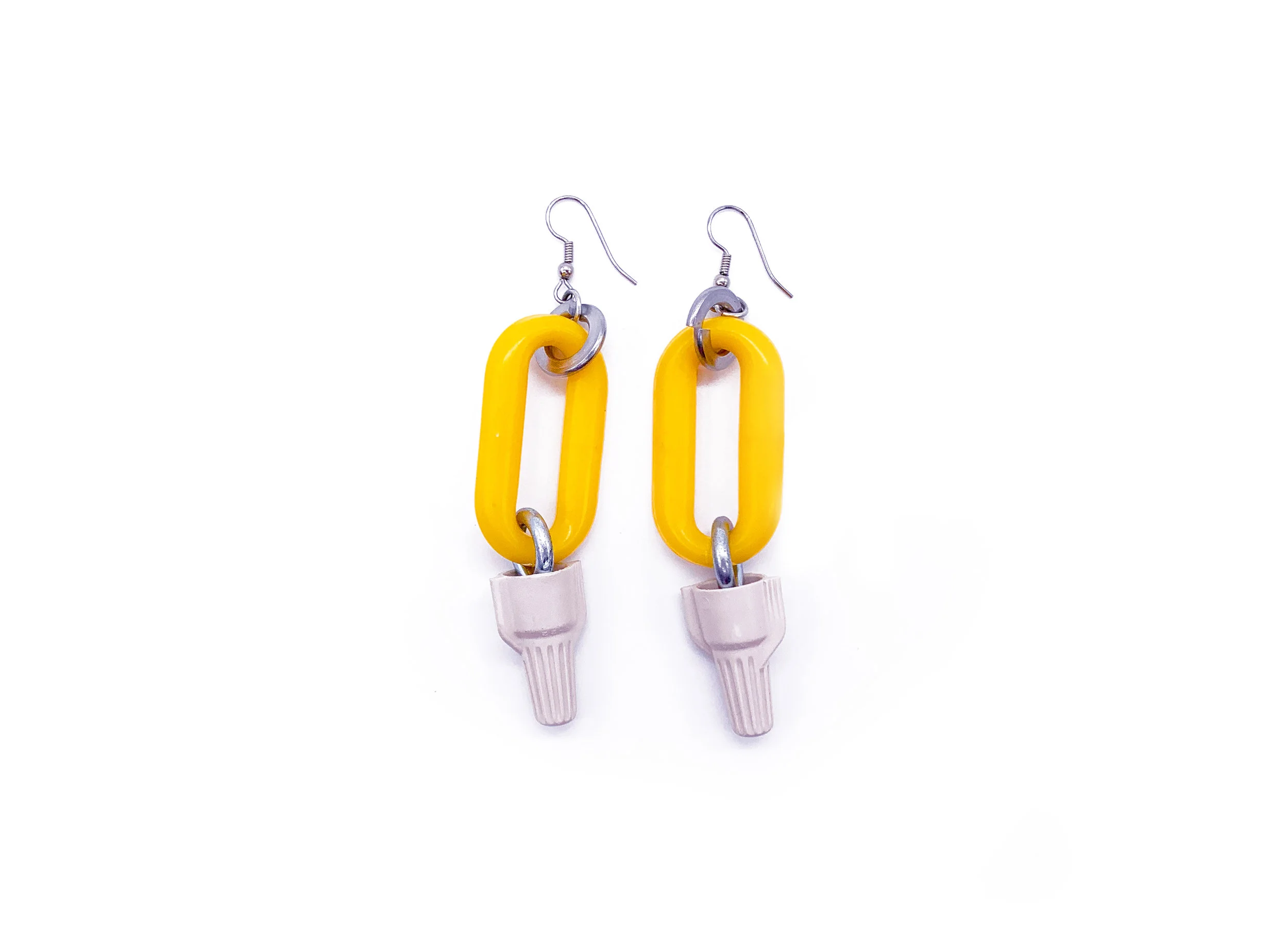 Sunshine Single Yellow Link Earrings, Taupe Drop Charm