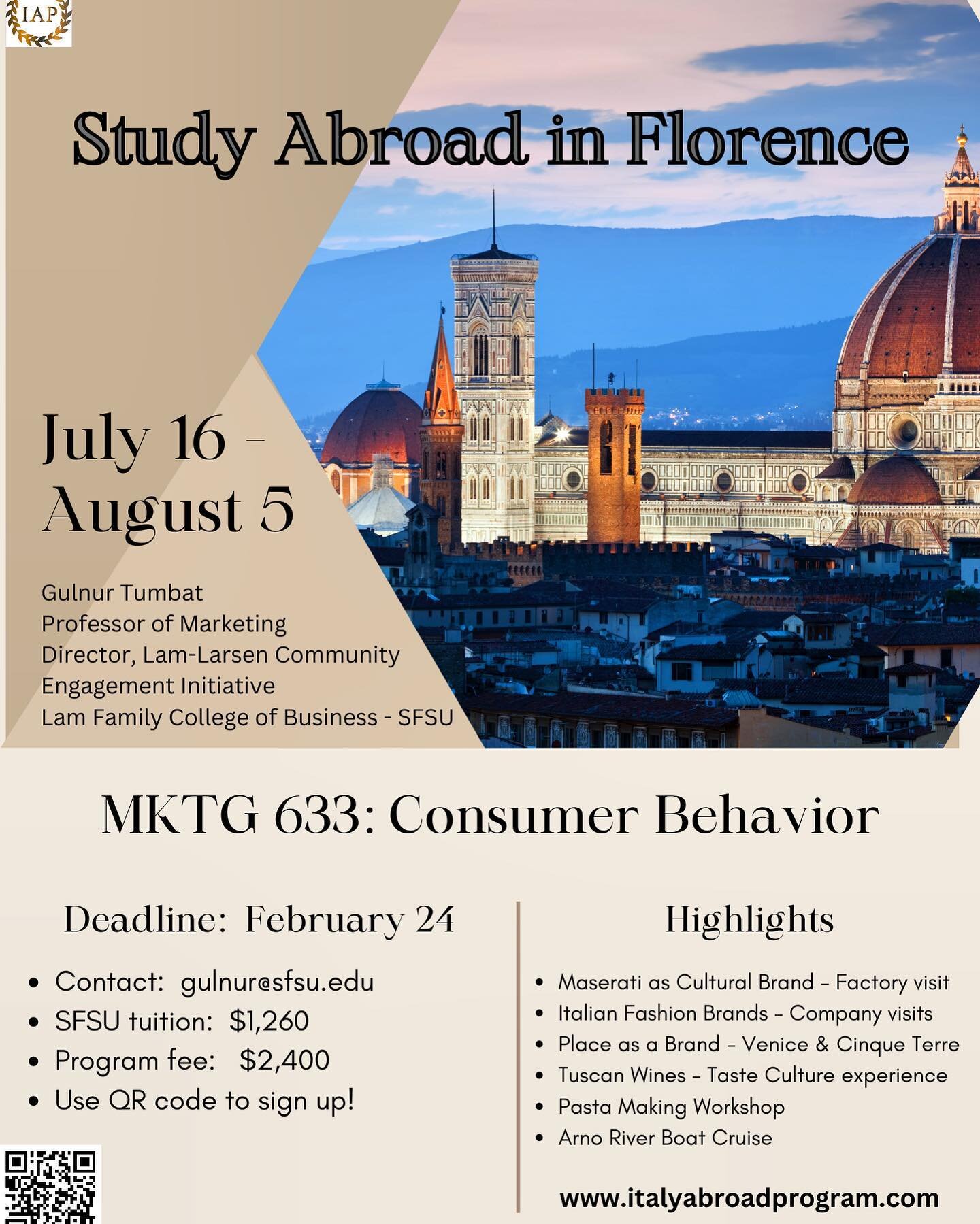 MKTG 633: Consumer Behavior in Florence, Italy 🇮🇹🇮🇹🇮🇹

OPEN TO ALL STUDENTS 🙌🏽

🇮🇹Deadline: February 24
🇮🇹Price: $3,660 (Includes program fee &amp; tuition)
🇮🇹Location: Florence 
🇮🇹Dates: July 16 - August 5

This is life changing, don