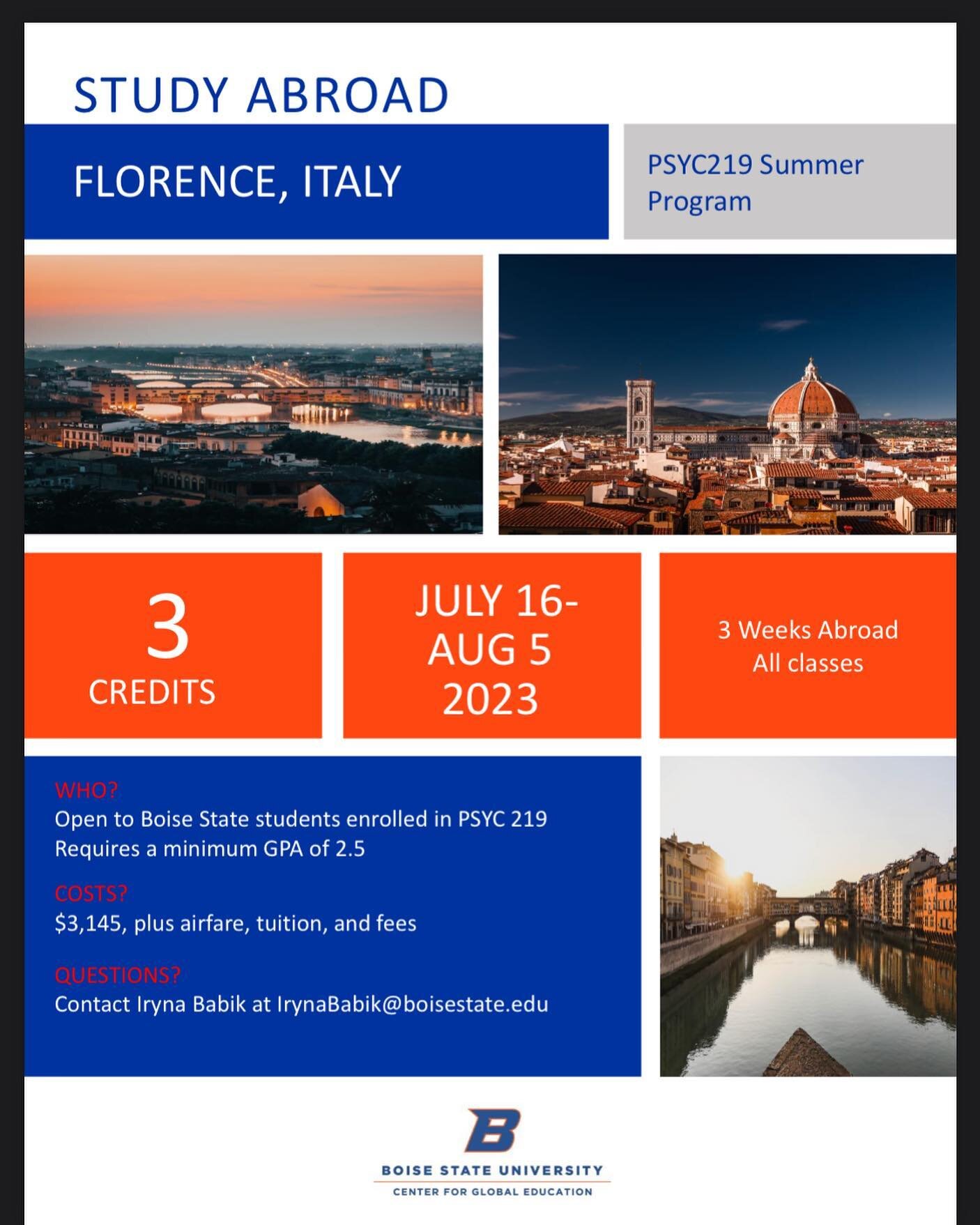 PSYC 219:  Cross Cultural Psychology in Florence, Italy! 

Open to all students🙌🏽

Deadline is March 1st.

www.italyabroadprogram.com