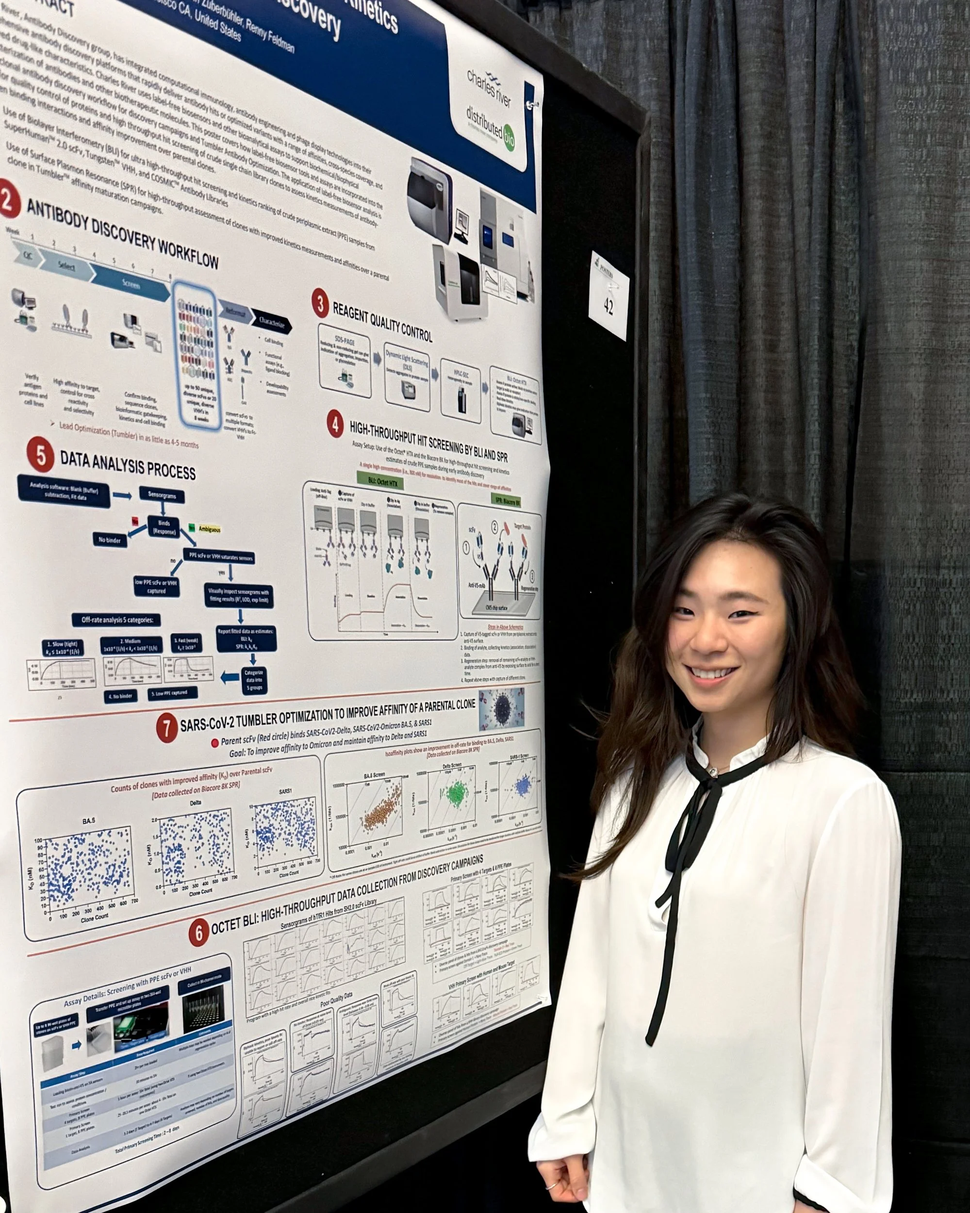 Young woman with long dark hair, wearing a white blouse with black accents, smiling and standing next to a scientific research poster.