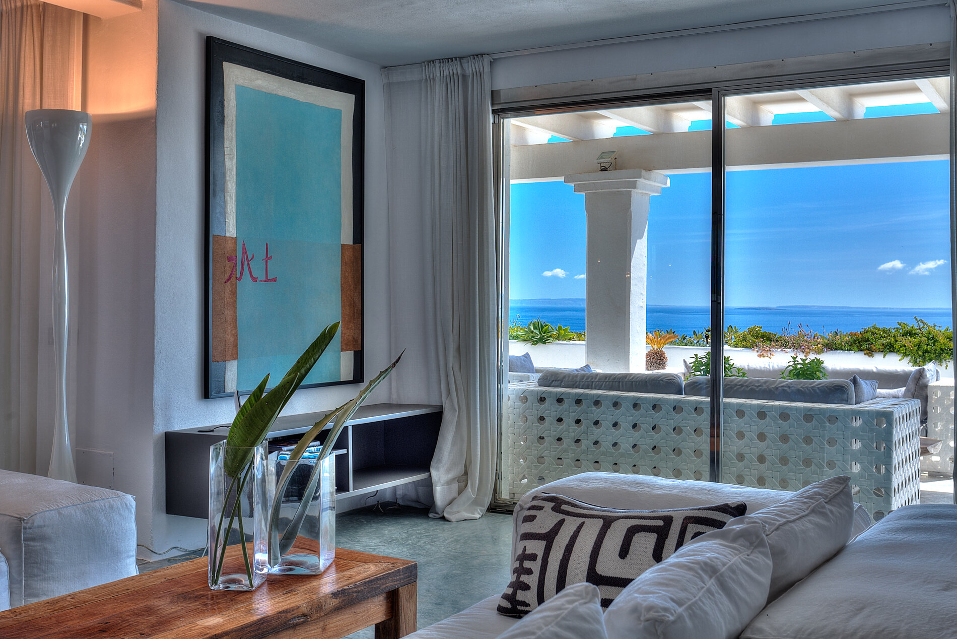 Views from the living room window to the big sun terrace with sea views