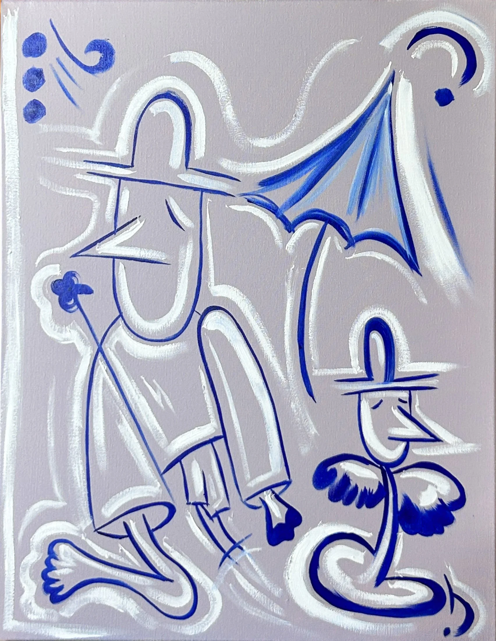 violet white and blue paint surrealistic sergio prieto birds paint. Birds in my head collection. Original paint. oil and acrylic on canvas. flower, hats organic world.