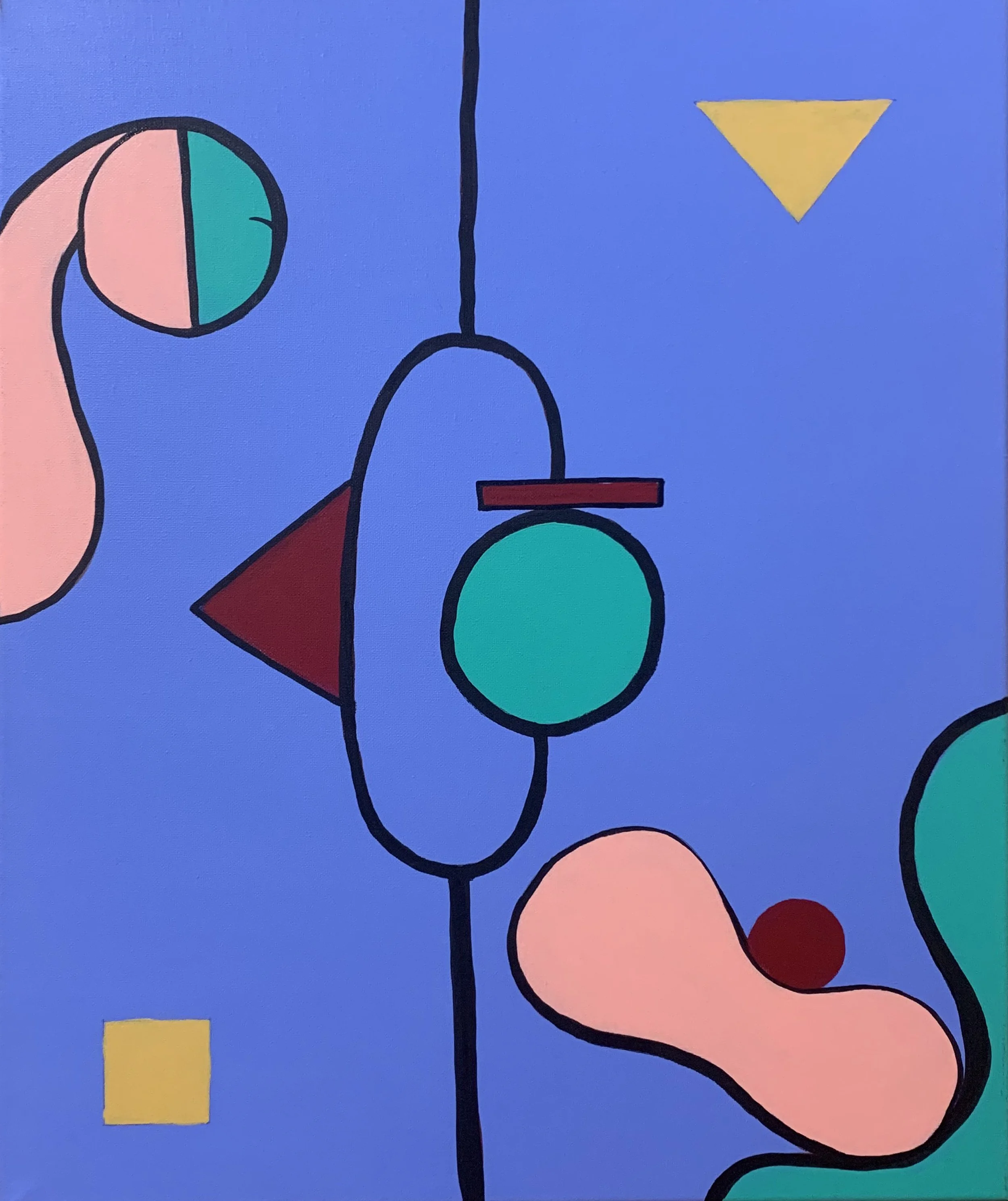 Abstract geometric art with colorful shapes on a blue background, including circles, triangles, squares, and irregular shapes with bold black outlines. Oil on canvas by Sergio Prieto