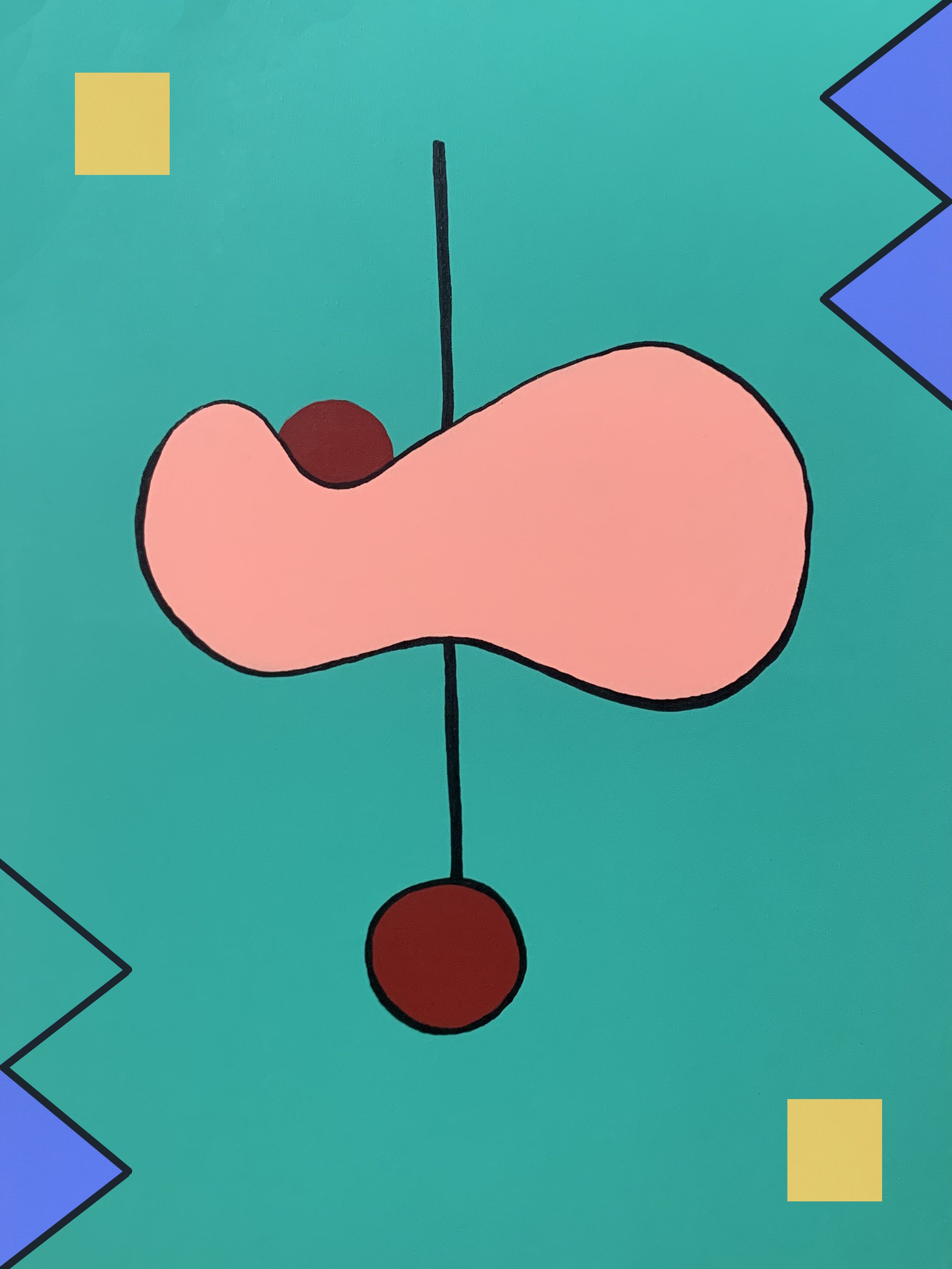 Abstract artwork with pink shape, black outlines, red circles, yellow squares, and blue zigzag pattern on green background. Oil on canvas by Sergio Prieto