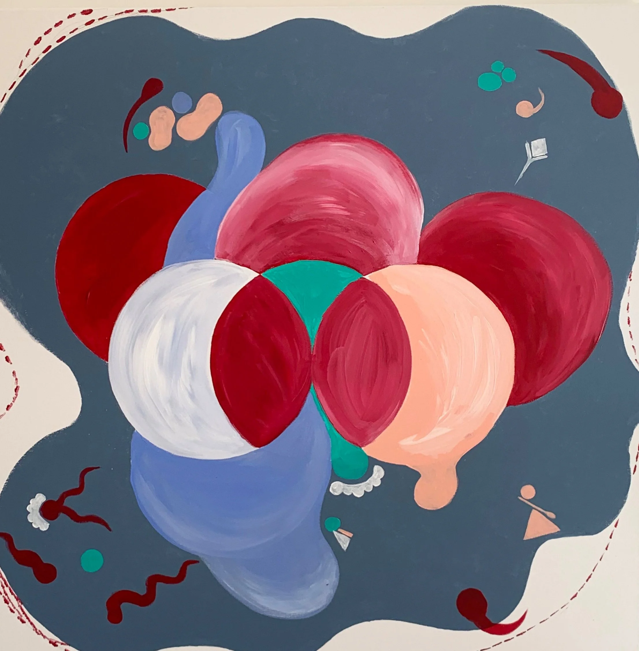 Abstract artwork featuring overlapping balloon-like shapes in various colors including red, pink, white, purple, and teal, set against a dark grey background with small decorative elements. Oil on canvas by Sergio Prieto