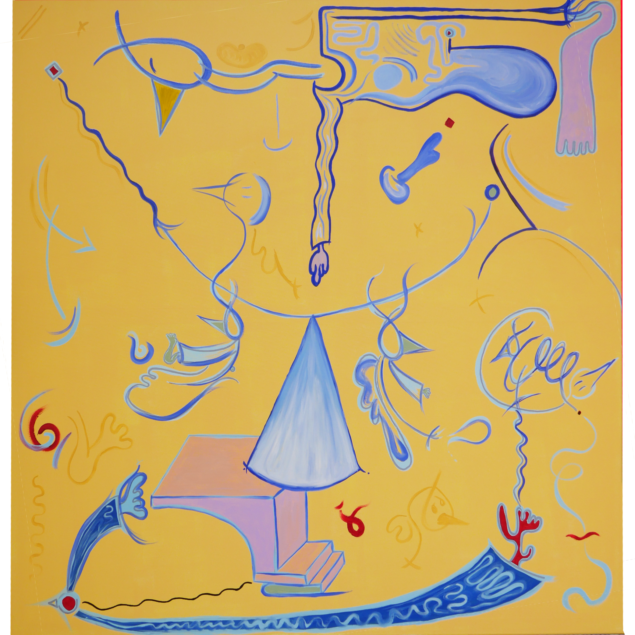 yellow and blue paint surrealistic sergio prieto birds paint. Birds in my head collection. Original paint. oil and acrylic on canvas. Big bird nest organic world.