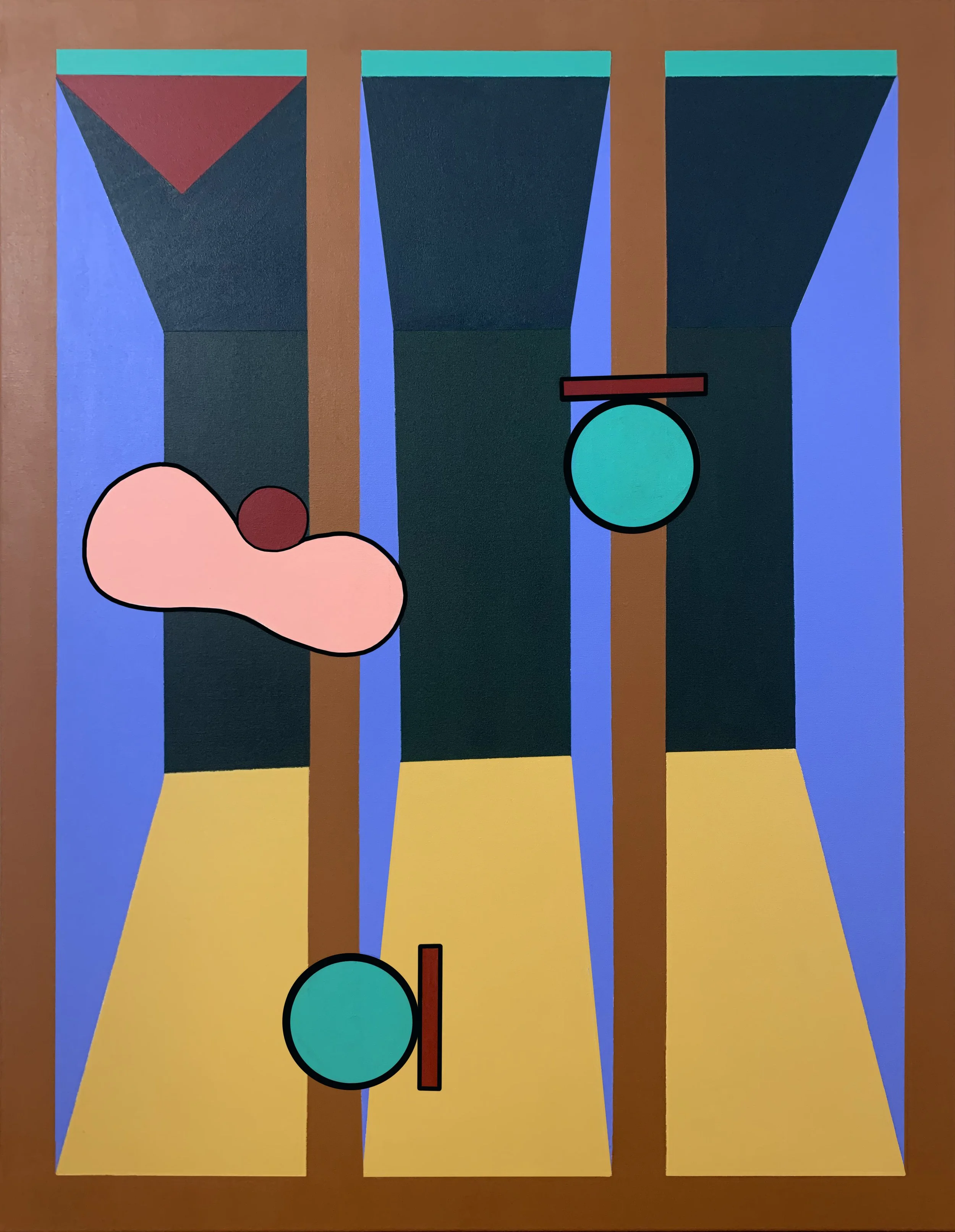 An abstract painting featuring colorful geometric shapes and shadows, including a pink cloud-like shape with a small red circle, and teal circles with red and black accents, set against a brown background. Oil on canvas by Sergio Prieto