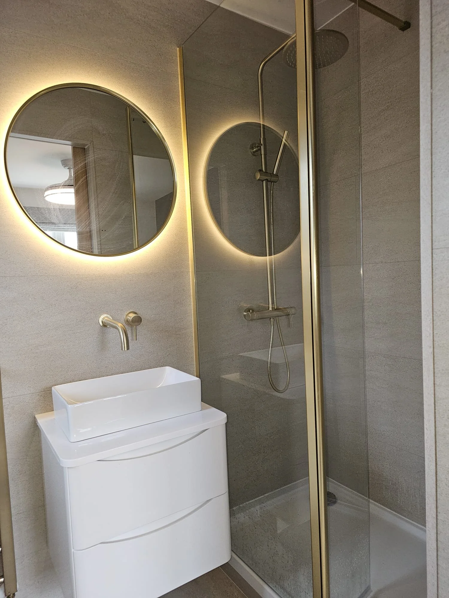 Modern Bathroom Installation in Bill Quay, Gateshead – Walk-In Shower &amp; Brushed Brass Finishes