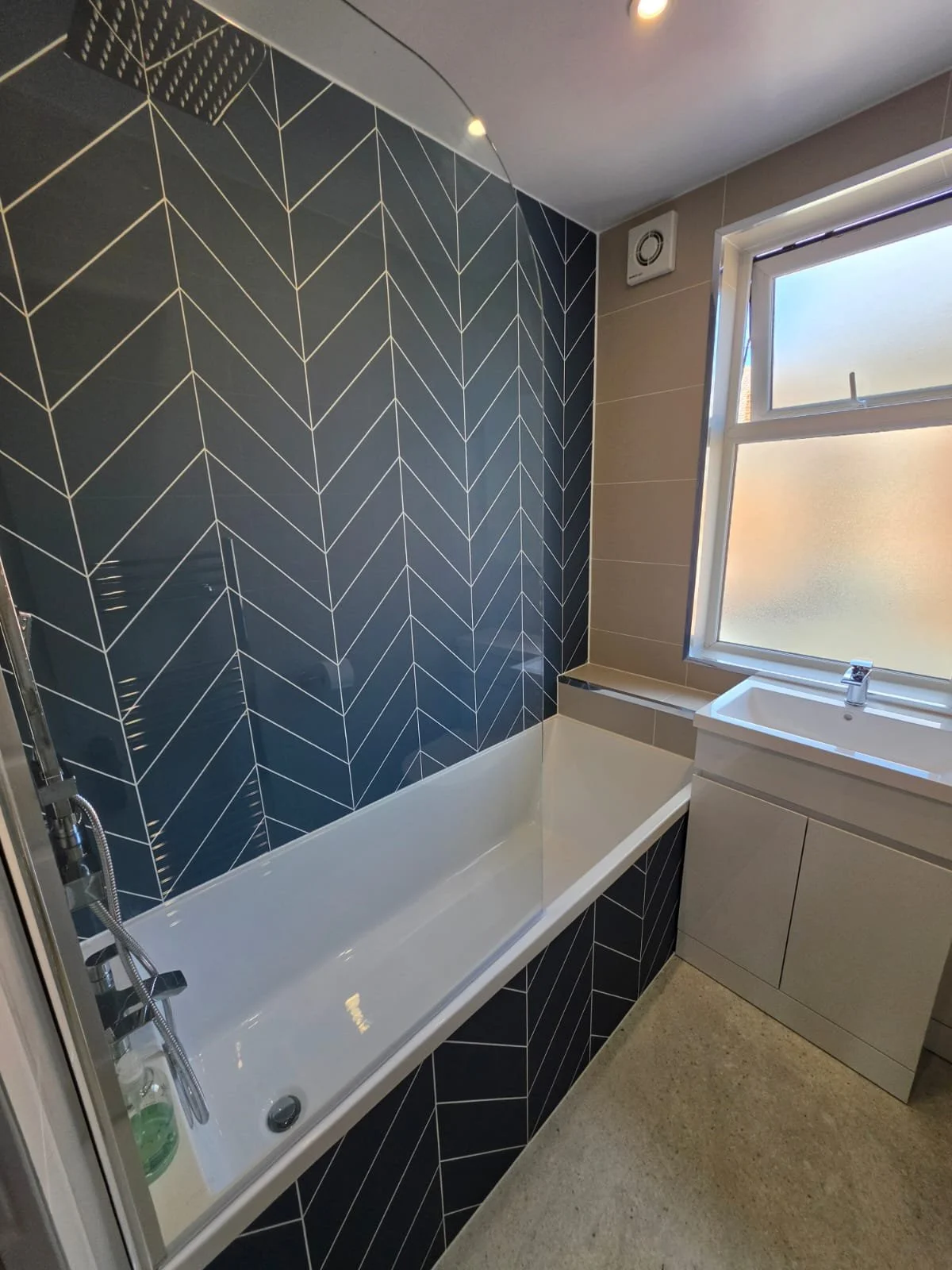 Luxury Bathroom Installation in North Shields – Dusty Blue Chevron Feature Wall