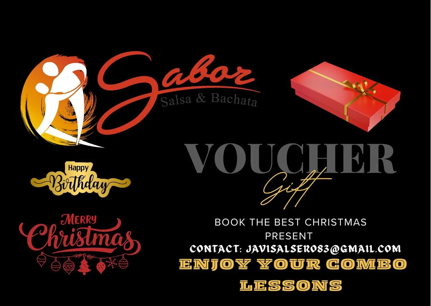 ✨ Sabor Dance Gift Vouchers Available! ✨
The perfect gift for couples, friends, or yourself 💖

🔥 Prices &amp; Options:
&bull; &pound;90 &ndash; 10 Weekly Group Lessons
&bull; &pound;60 &ndash; 1hr Couples Lesson
&bull; &pound;150 &ndash; 3hr Combo 