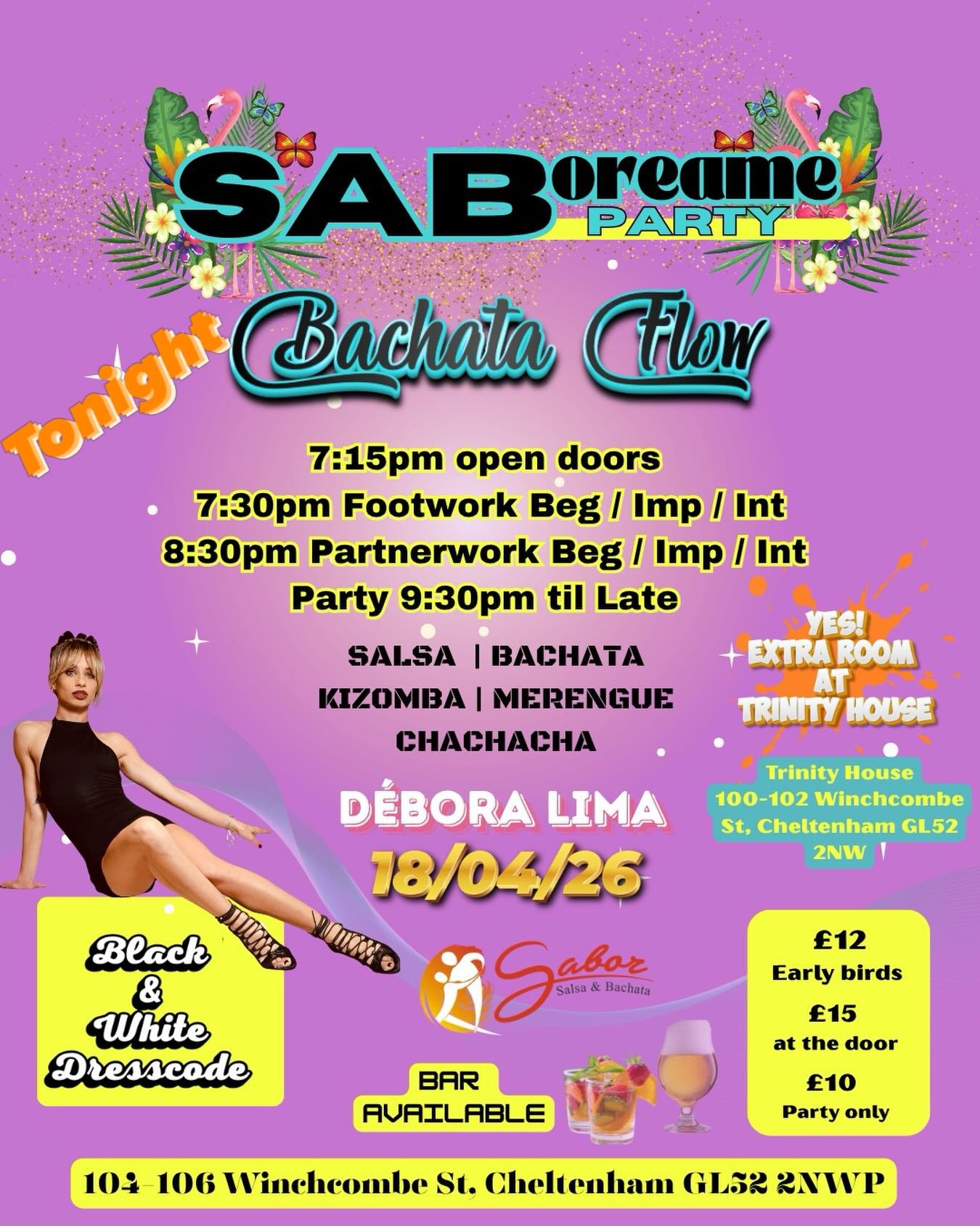 ⚫⚪ Bachata lovers&hellip; your night is calling ⚪⚫
✨ Sabor&eacute;ame &ndash; Bachata Flow (Black &amp; White Edition) 🔥 Cheltenham &bull; 18 April

💫 Special guest: Debora Lima
💃 Workshops + 🔥 Social until late

📍 Feathered Fish &amp; Trinity H