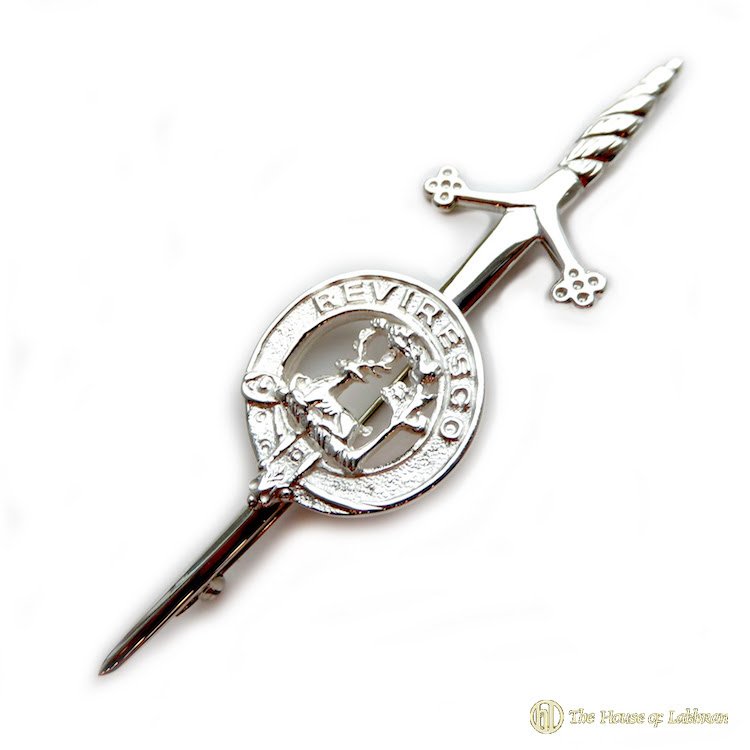 Clan Crest &amp; Sword Sterling Silver Kilt Pin
