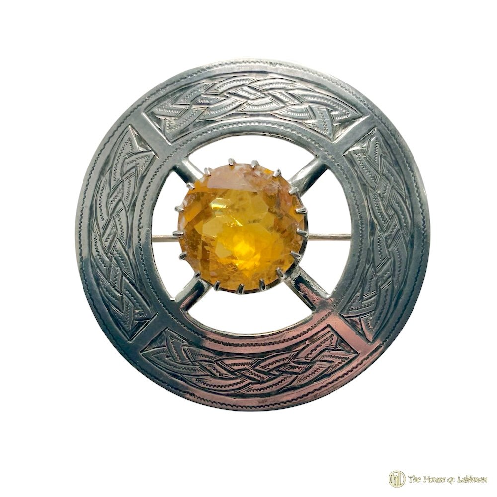 Vintage 1953 Scottish Style Silver & Citrine Stone Brooch. .jpeg