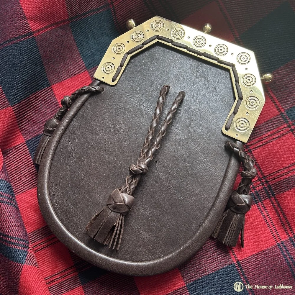 Scottish 18th Century Style - Jacobite Brass Cantle Bullseye Sporran - Angled Side Knobs.jpeg