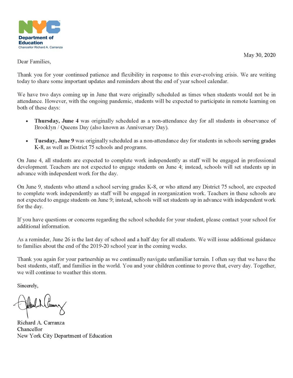 Chancellors Update for families