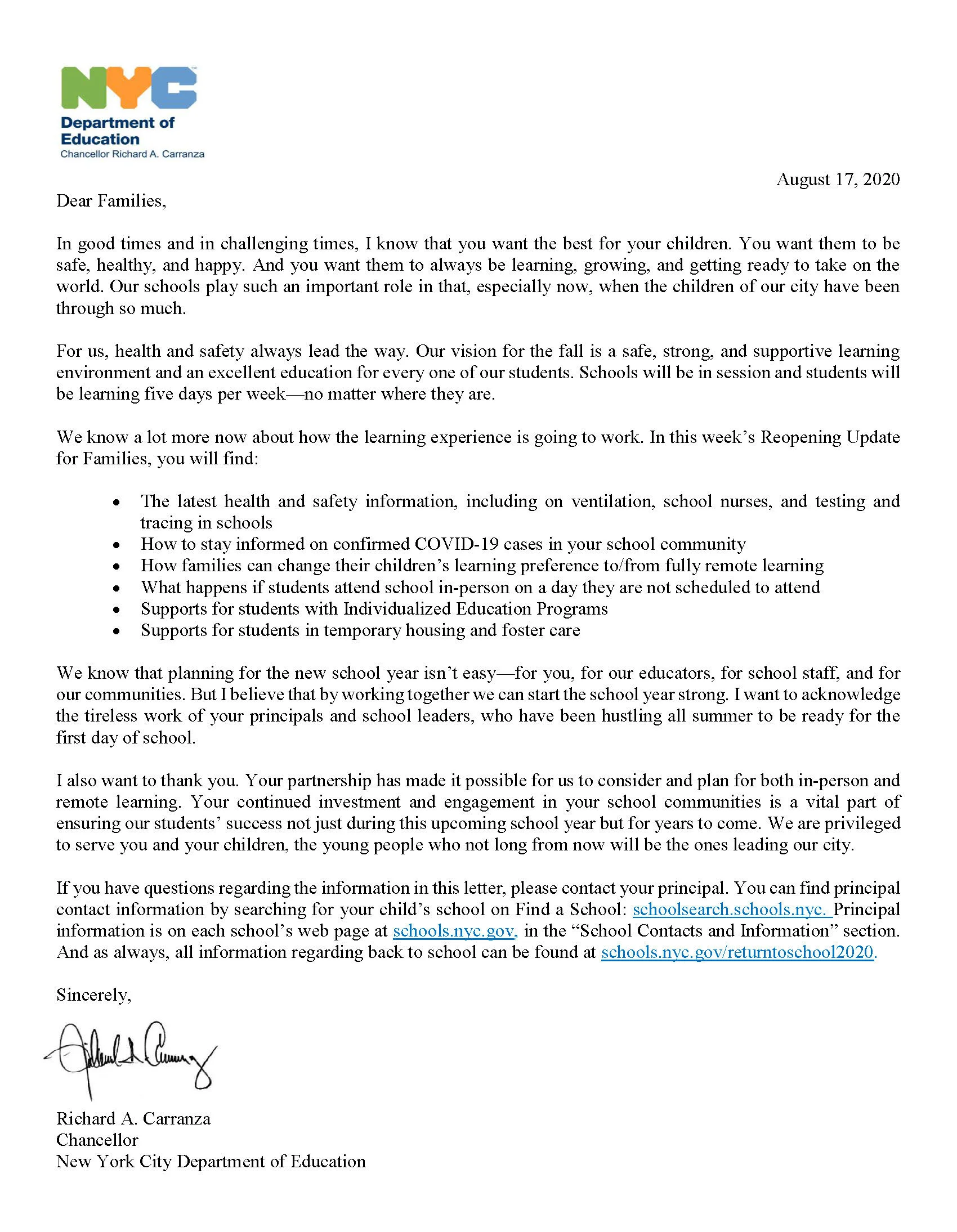 Chancellors Update for families