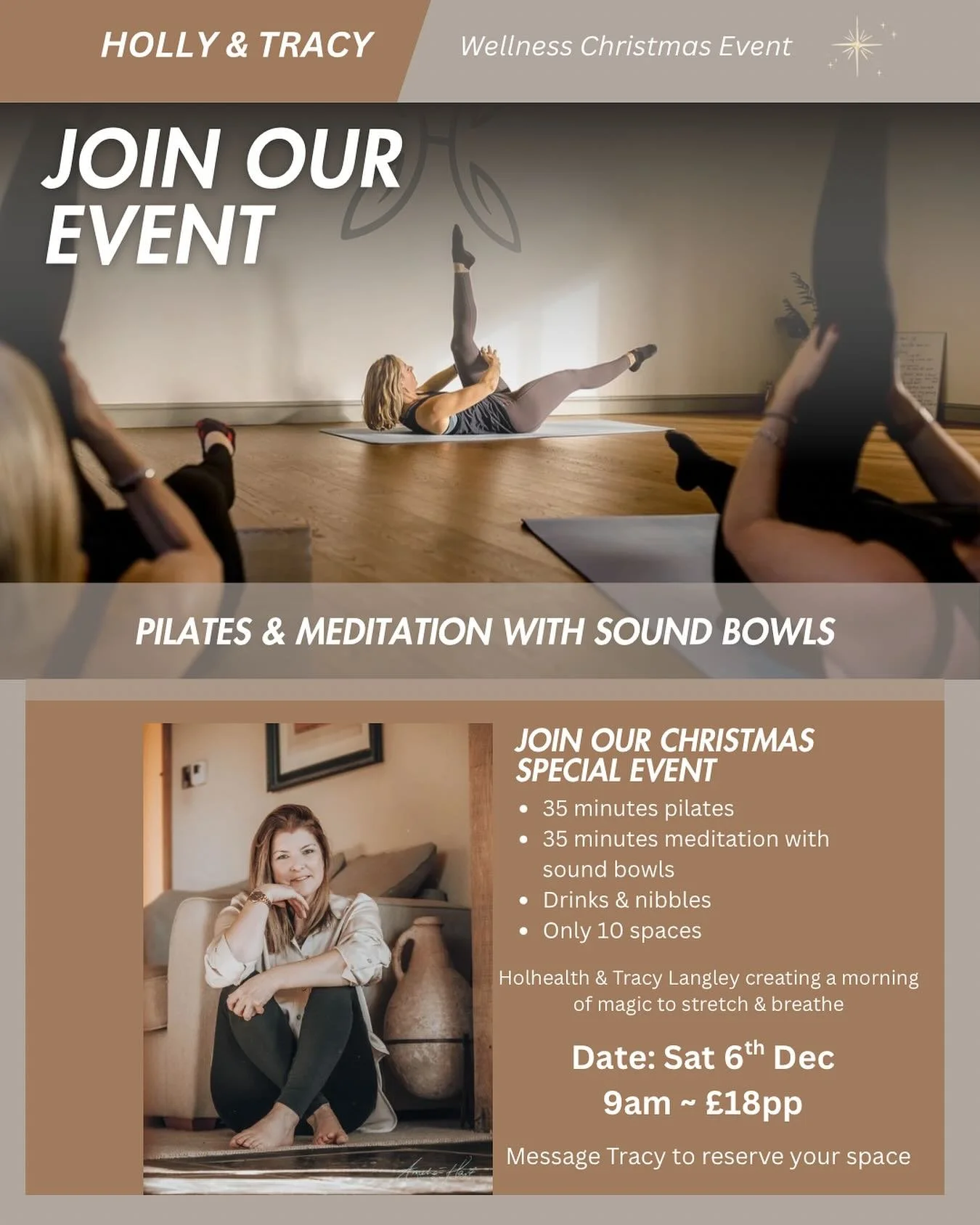 ‼️ sold out

Join our Christmas Wellness Event 💫 

Myself and @holhealthcoachpt are running a  little tranquil Christmas stretch and breathe session.

🎄 35 minutes pilates
❄️ 35 minutes meditation with sound bowls
⭐ Drinks &amp; nibbles

Only 10 sp