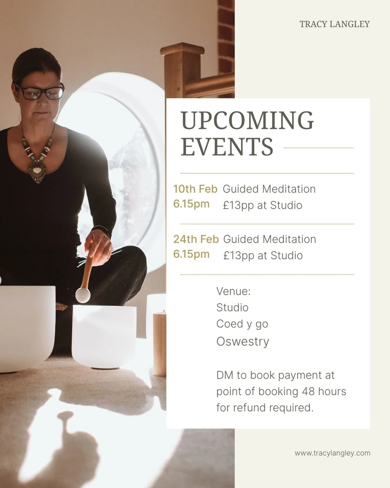 Book your space for February&rsquo;s Guided Meditation 

Limited space 

A chance to breathe, relax and align 🫶

Love 

Tracy x