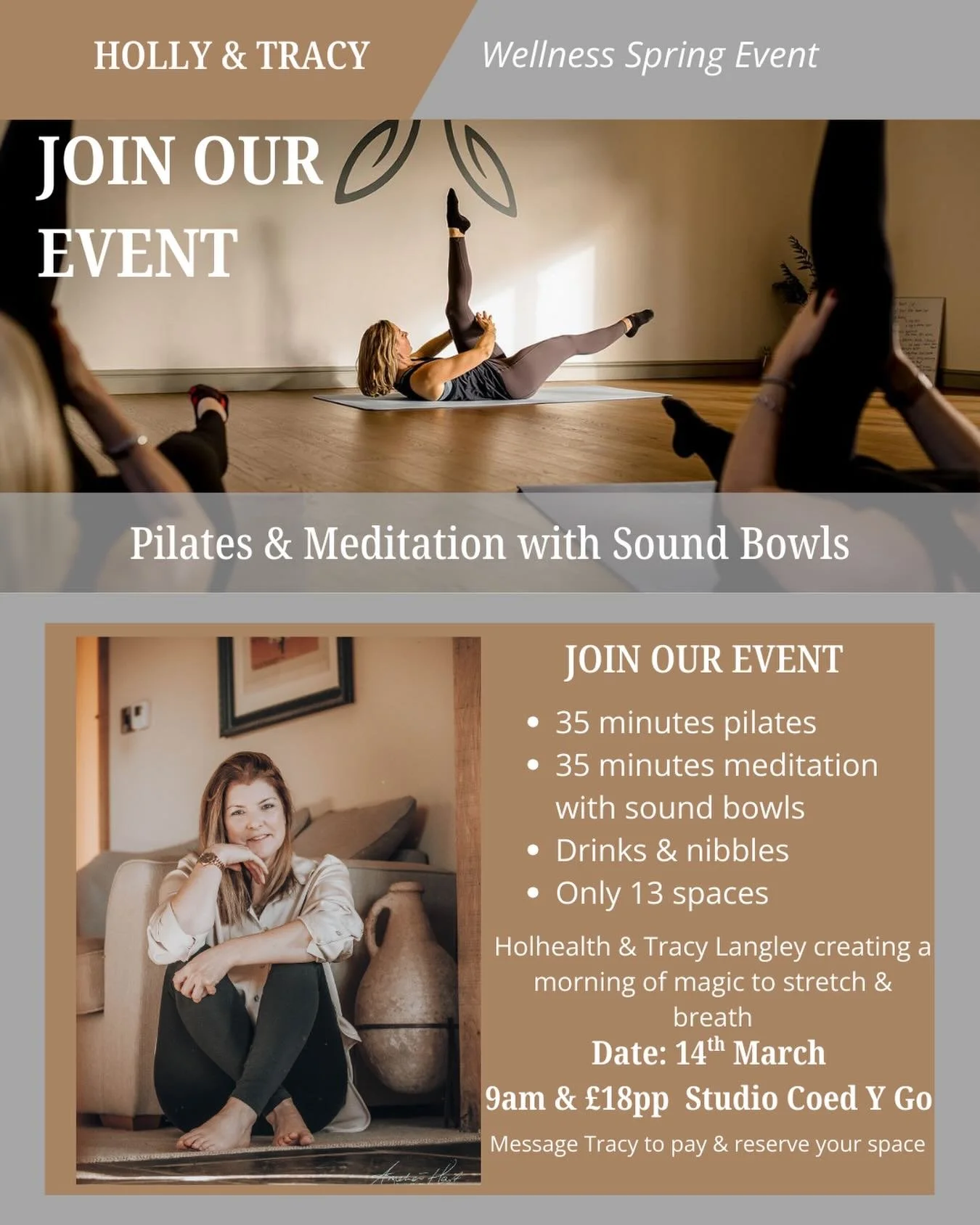 Join our Spring Wellness Event 🍃 

Myself and Holhealth are running a  little Spring awakening stretch and breathe session.

🍃 35 minutes pilates
🍃 35 minutes meditation with sound bowls
🍃 Drinks &amp; nibbles

Only 13 spaces!

Date: Sat 14th Mar