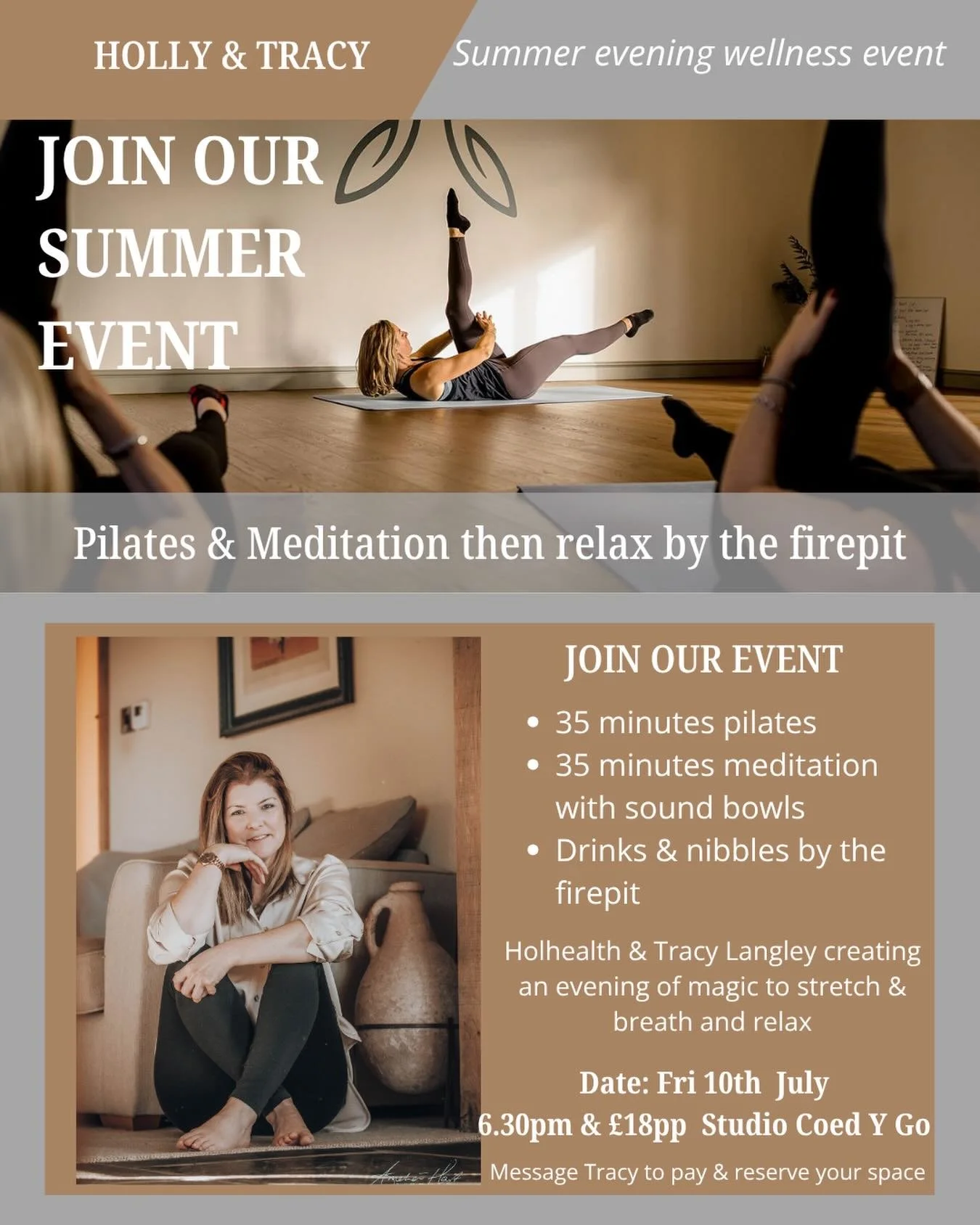 Summer Stretch &amp; Breathe Event 

As promised Something special this summer&hellip;

Limited spaces | Friday 10th July | 6.30pm

Join Holly @holhealthcoachpt and I for a very special Summer Evening Pilates &amp; Meditation 

Here&rsquo;s what&rsqu