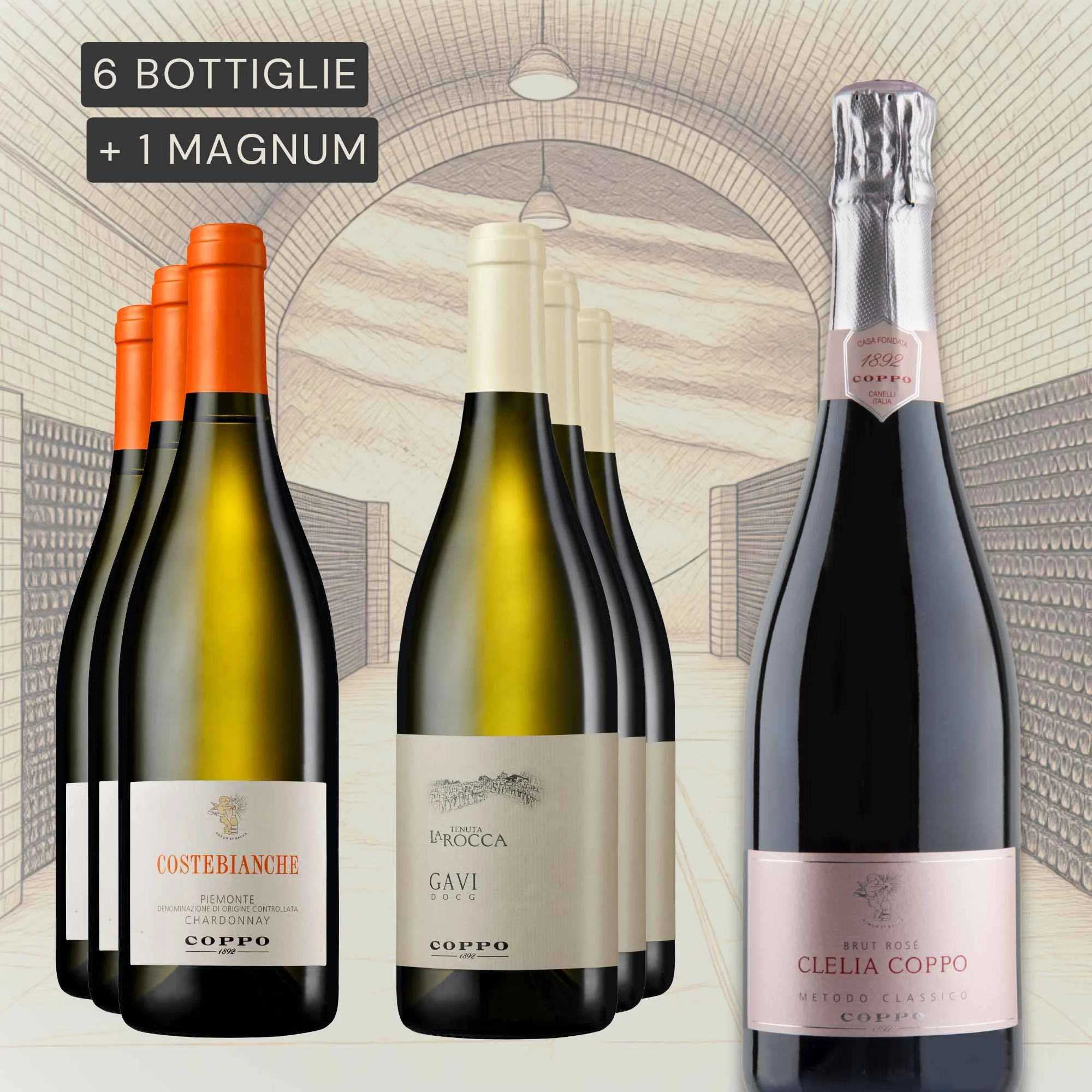 Confezione 6 bt + 1 magnum: Magnum Clelia Coppo 2023 (1), Costebianche 2025 (3), Gavi La Rocca 2025 (3)