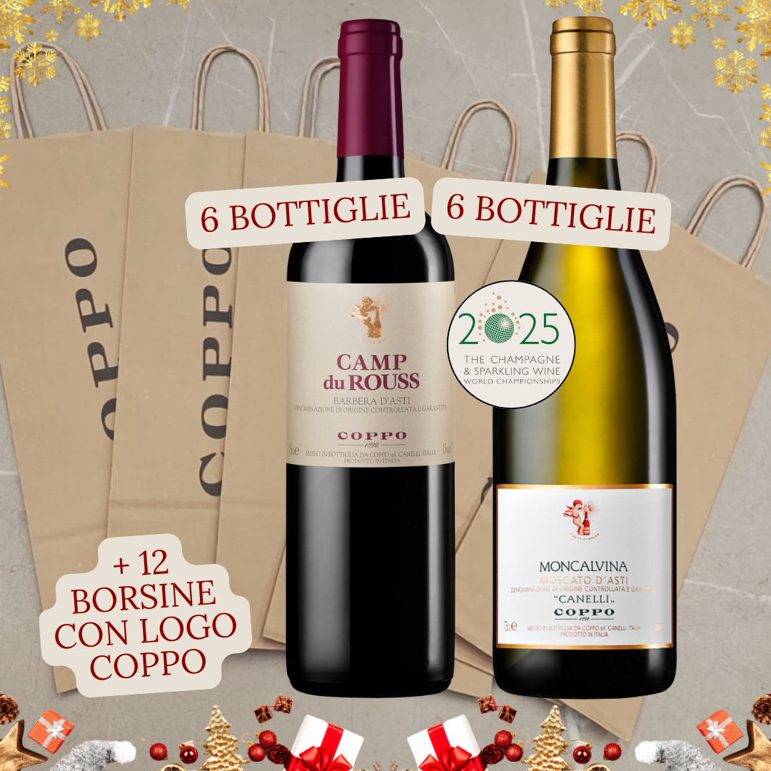 Confezione da 12 bt con 12 borsine Coppo: Camp du Rouss 2023 (6), Moncalvina 2024 (6)
