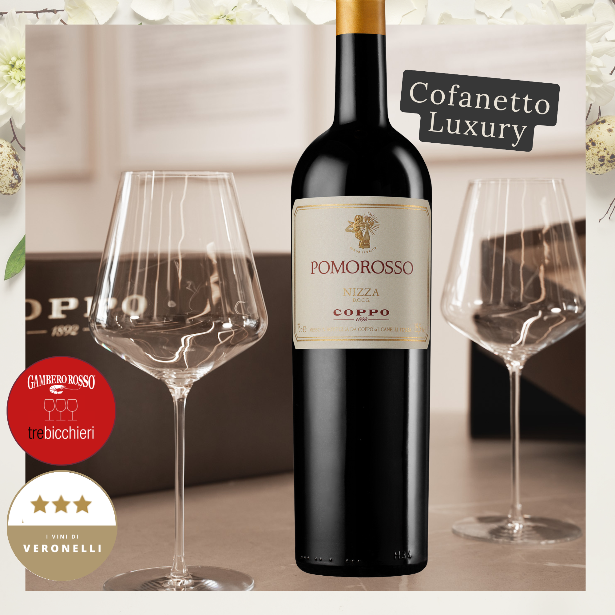 Cofanetto Luxury: Pomorosso Nizza DOCG 2022 (1) + 2 calici Lehmann