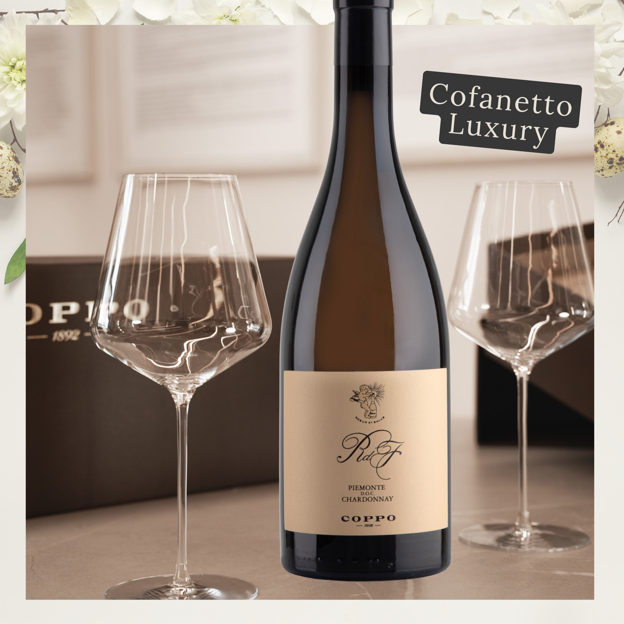 Cofanetto Luxury: RDF Chardonnay Piemonte DOC 2021 (1) + 2 calici Lehmann