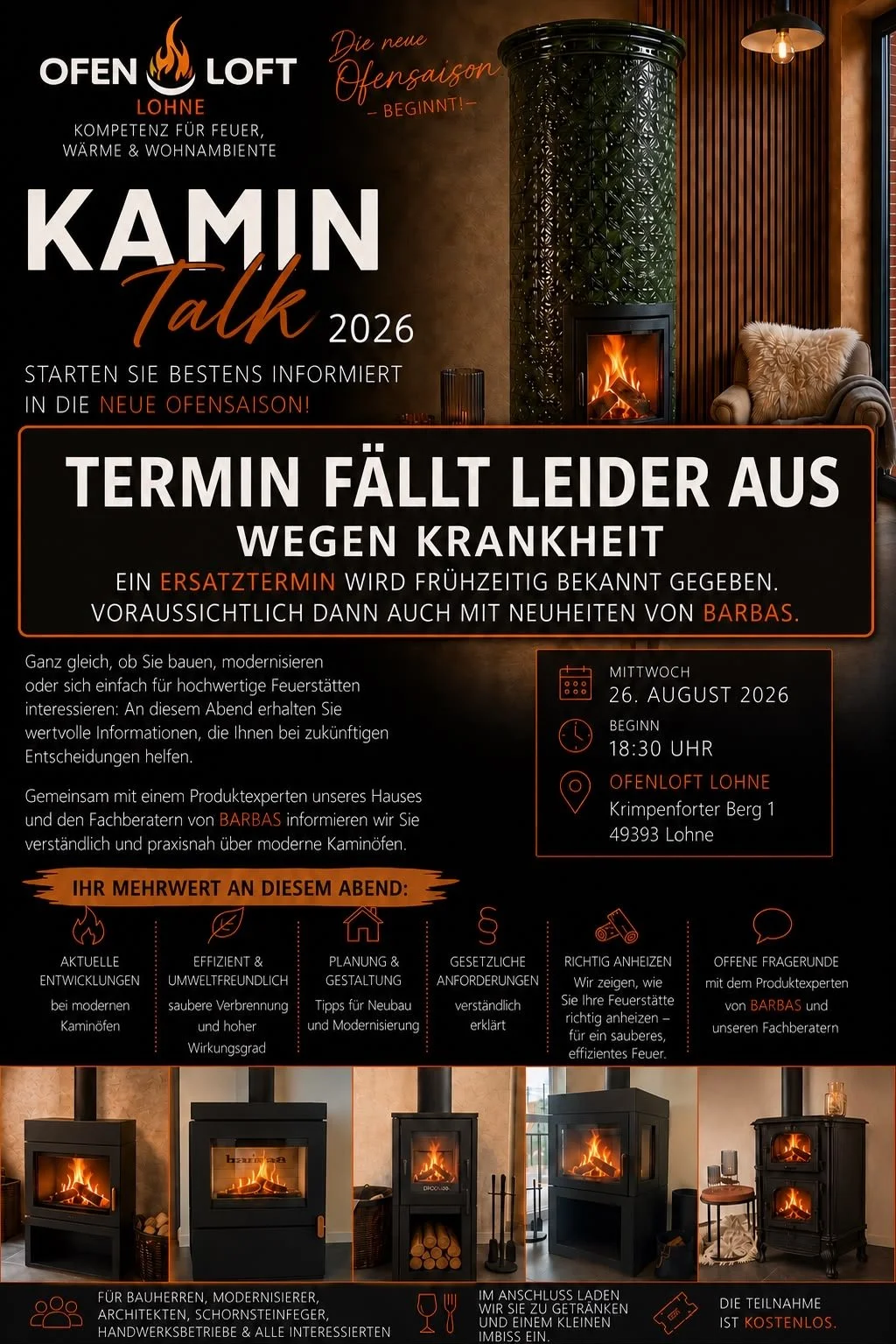 Kamin Talk 2026 muss wegen Krankheit leider verschoben werden. 