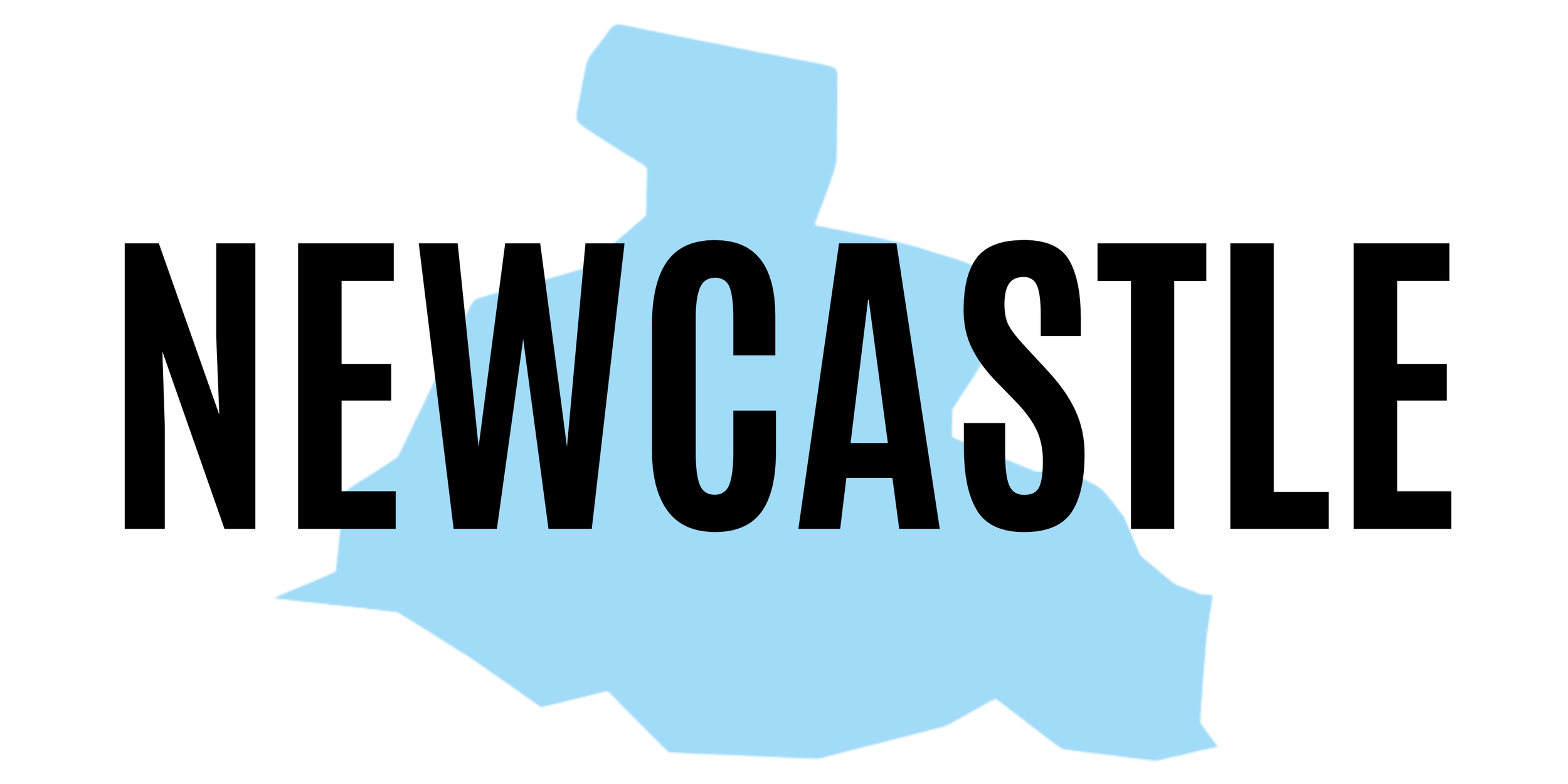 "Newcastle" text over blue map silhouette background.